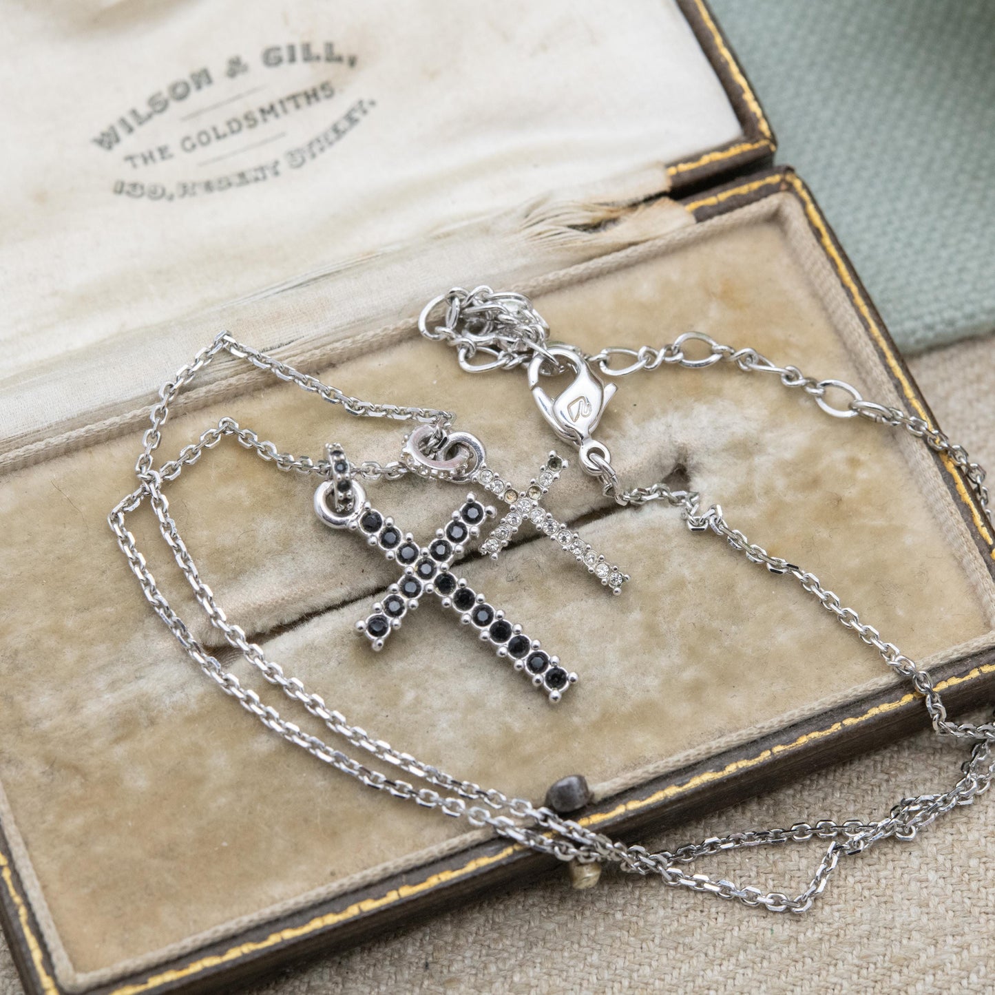 Swarovski Double Cross Pendant Necklace - Black and White Crystals