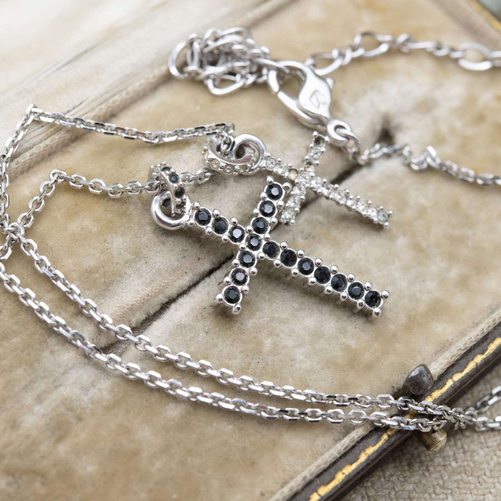 Swarovski Double Cross Pendant Necklace - Black and White Crystals