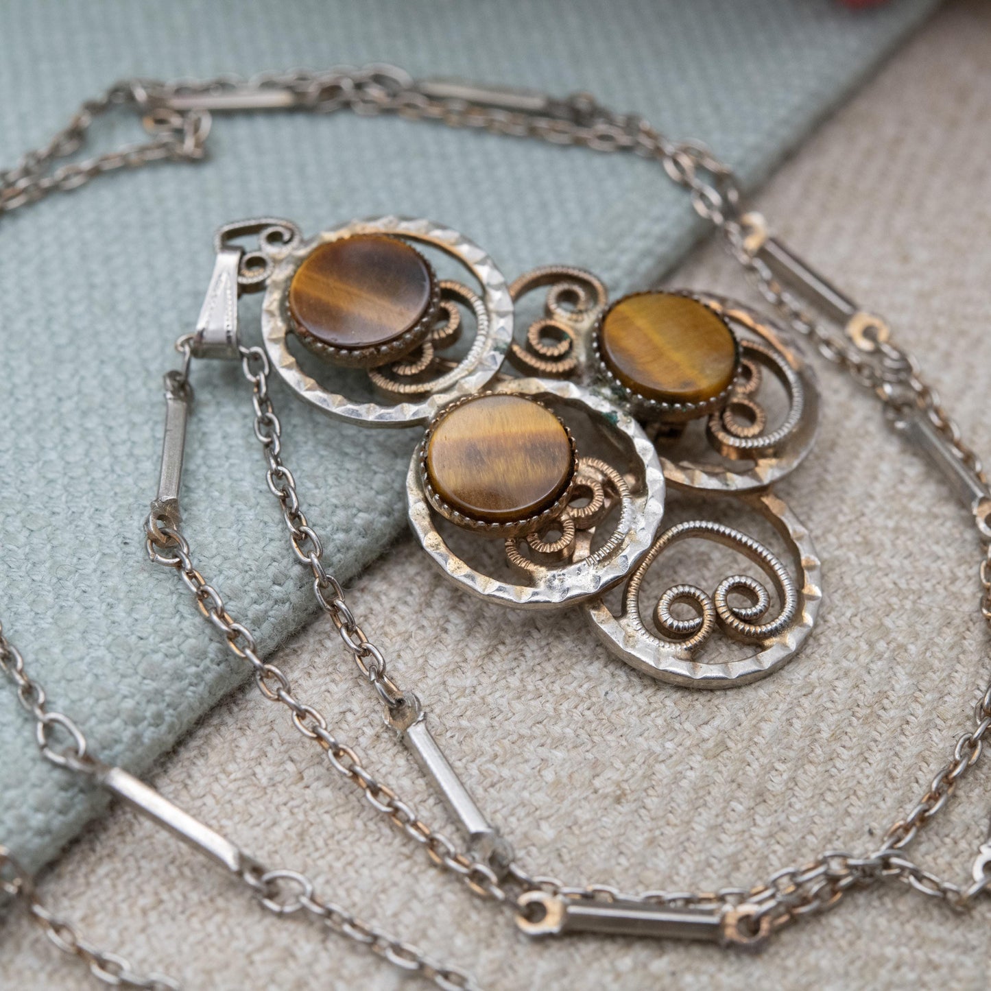 Vintage Hobé Tigers Eye Pendant Necklace or Brooch c. 1960s - Long Bar Link Chain | 62cm