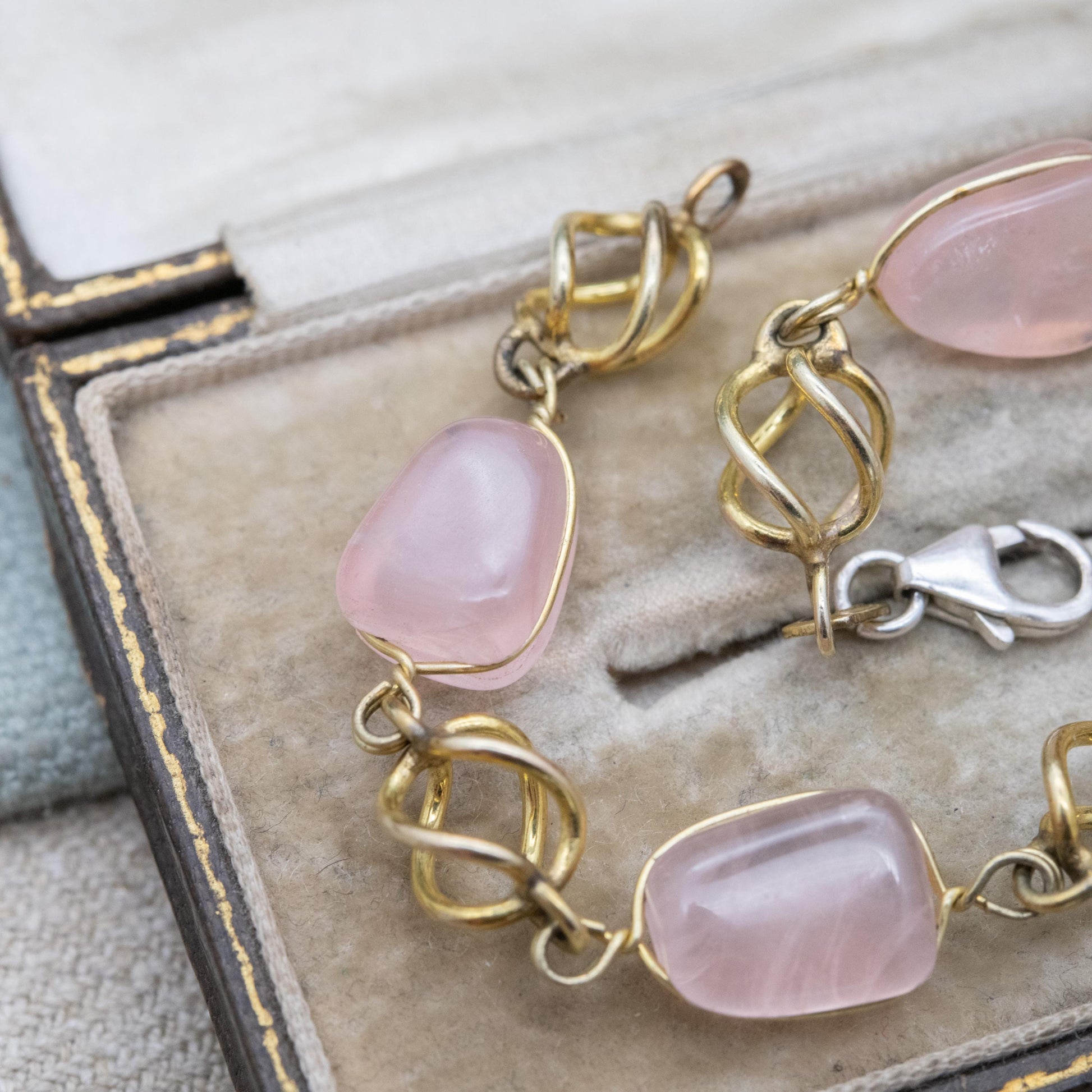 Vintage Gold Filled Rose Quartz Bracelet with Sterling Silver Clasp AM Double - Twisted Cage Design | 8"