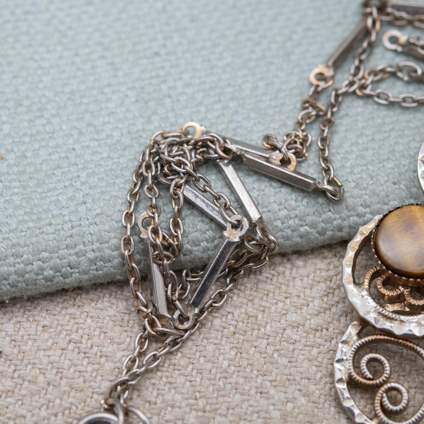 Vintage Hobé Tigers Eye Pendant Necklace or Brooch c. 1960s - Long Bar Link Chain | 62cm