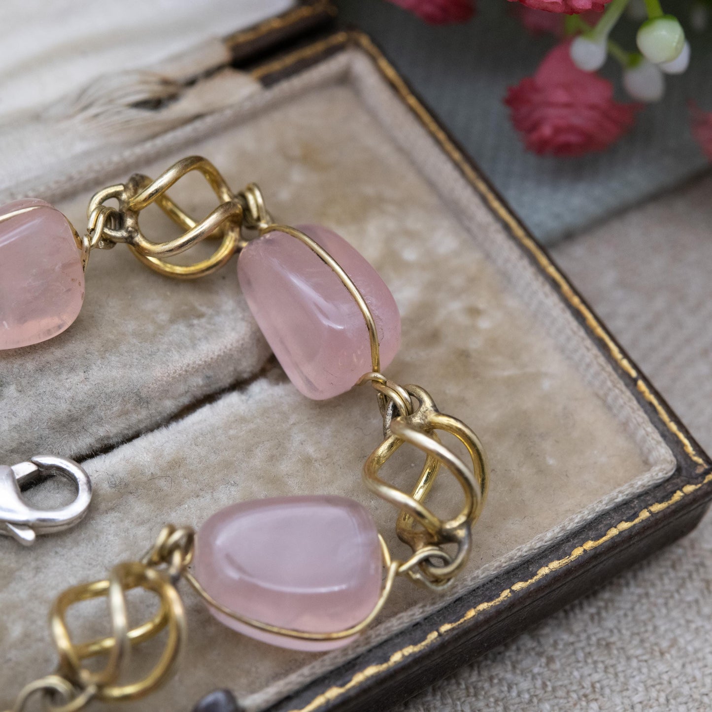 Vintage Gold Filled Rose Quartz Bracelet with Sterling Silver Clasp AM Double - Twisted Cage Design | 8"