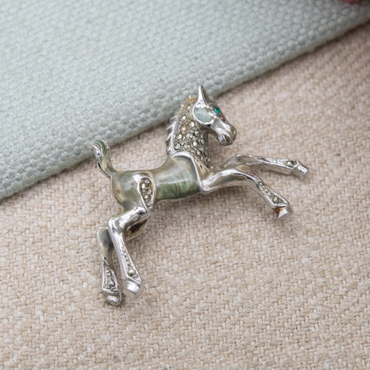 Vintage Bohemian Jewellers Ltd Marcasite Enamel Green Stone Horse Brooch - Gift for Animal Lover