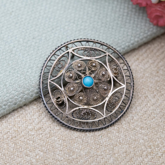 Vintage Silver Filigree Blue Stone Brooch Pendant - Scrolling Openwork Design | Gift for Her
