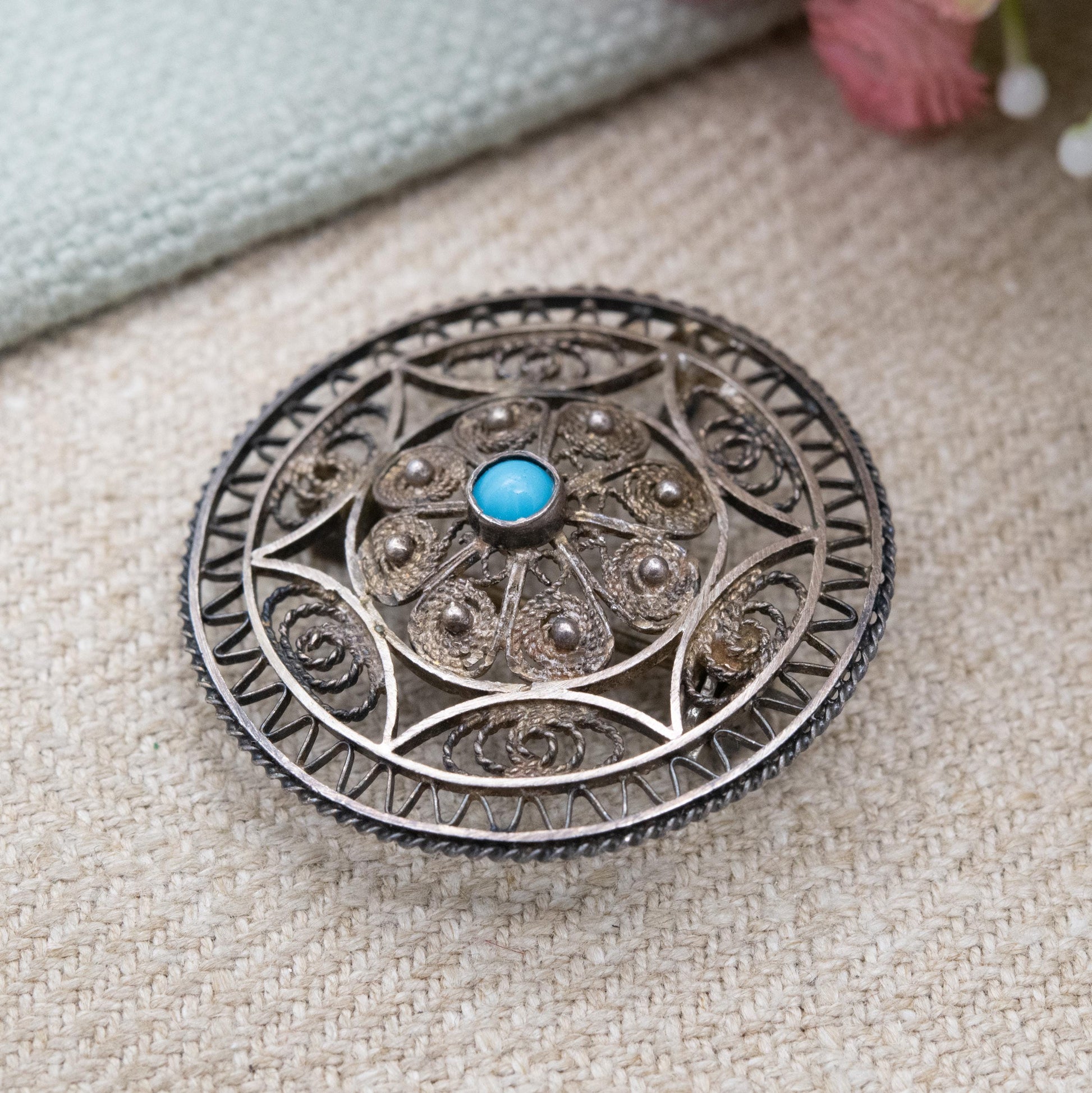 Vintage Silver Filigree Blue Stone Brooch Pendant - Scrolling Openwork Design | Gift for Her
