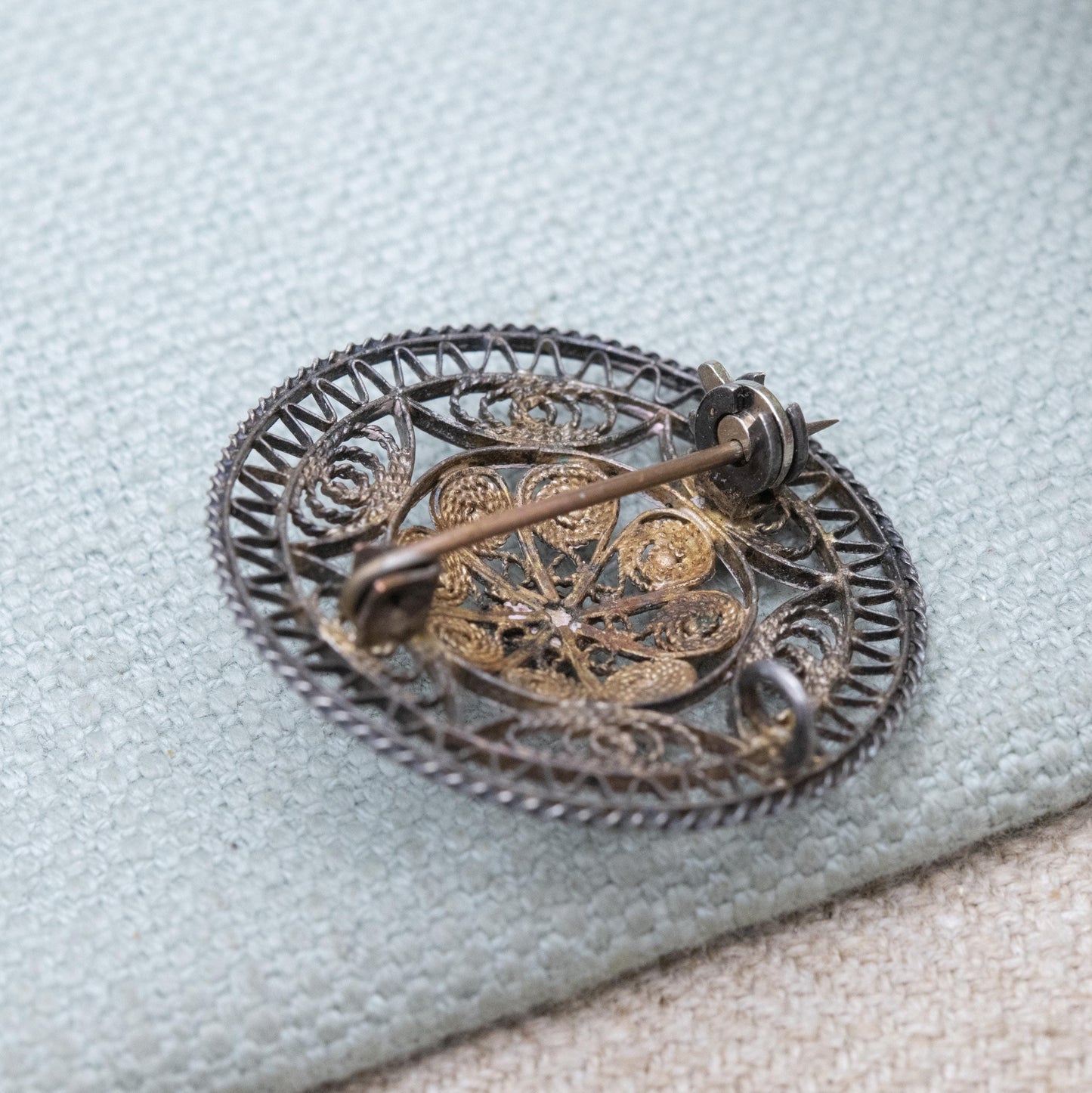 Vintage Silver Filigree Blue Stone Brooch Pendant - Scrolling Openwork Design | Gift for Her