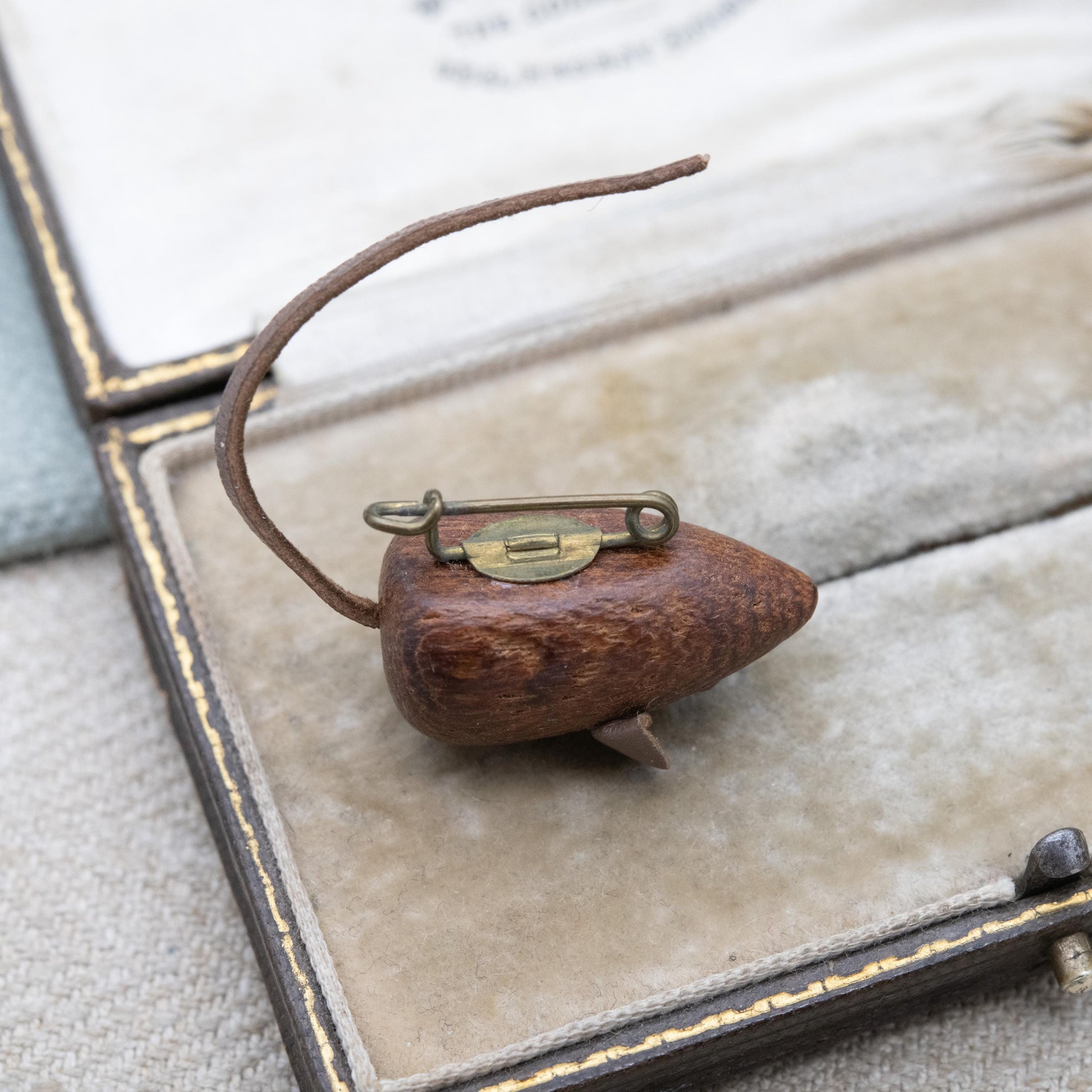 Vintage Wooden Mouse Brooch - Red Eyes | Leather Tale | Unisex Gift for Animal Lover