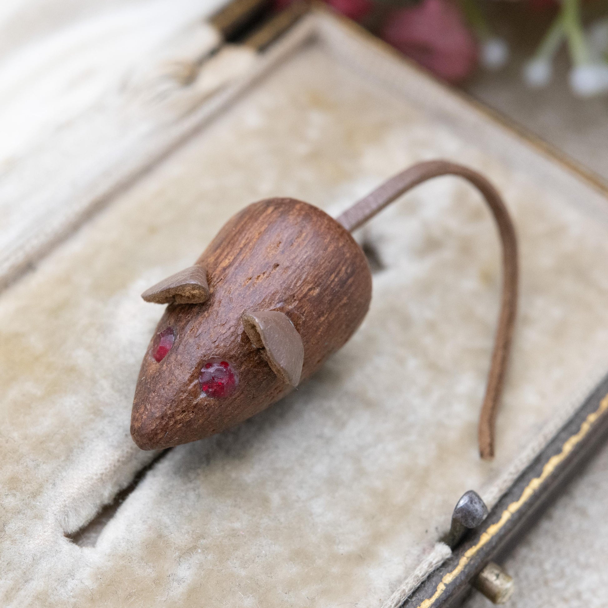 Vintage Wooden Mouse Brooch - Red Eyes | Leather Tale | Unisex Gift for Animal Lover
