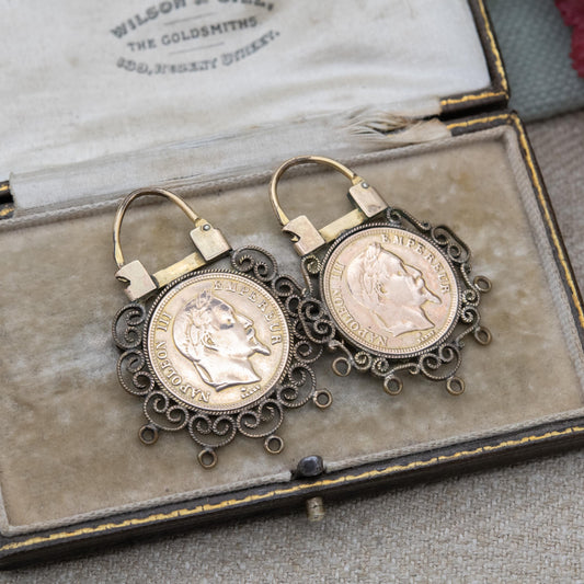 Vintage Napoleon III Coin Theme Earrings with Ornate Surround - Signed French Jewellery | Plaque Or Lamine