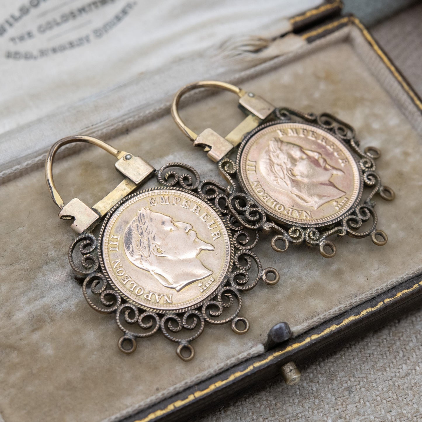 Vintage Napoleon III Coin Theme Earrings with Ornate Surround - Signed French Jewellery | Plaque Or Lamine