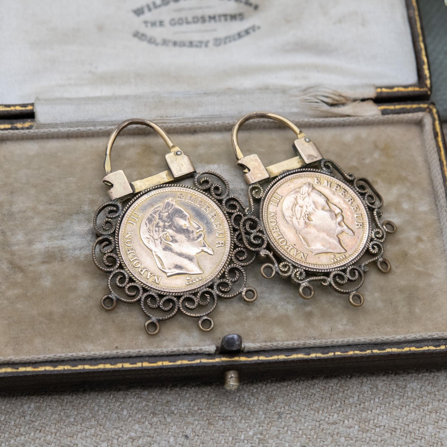 Vintage Napoleon III Coin Theme Earrings with Ornate Surround - Signed French Jewellery | Plaque Or Lamine