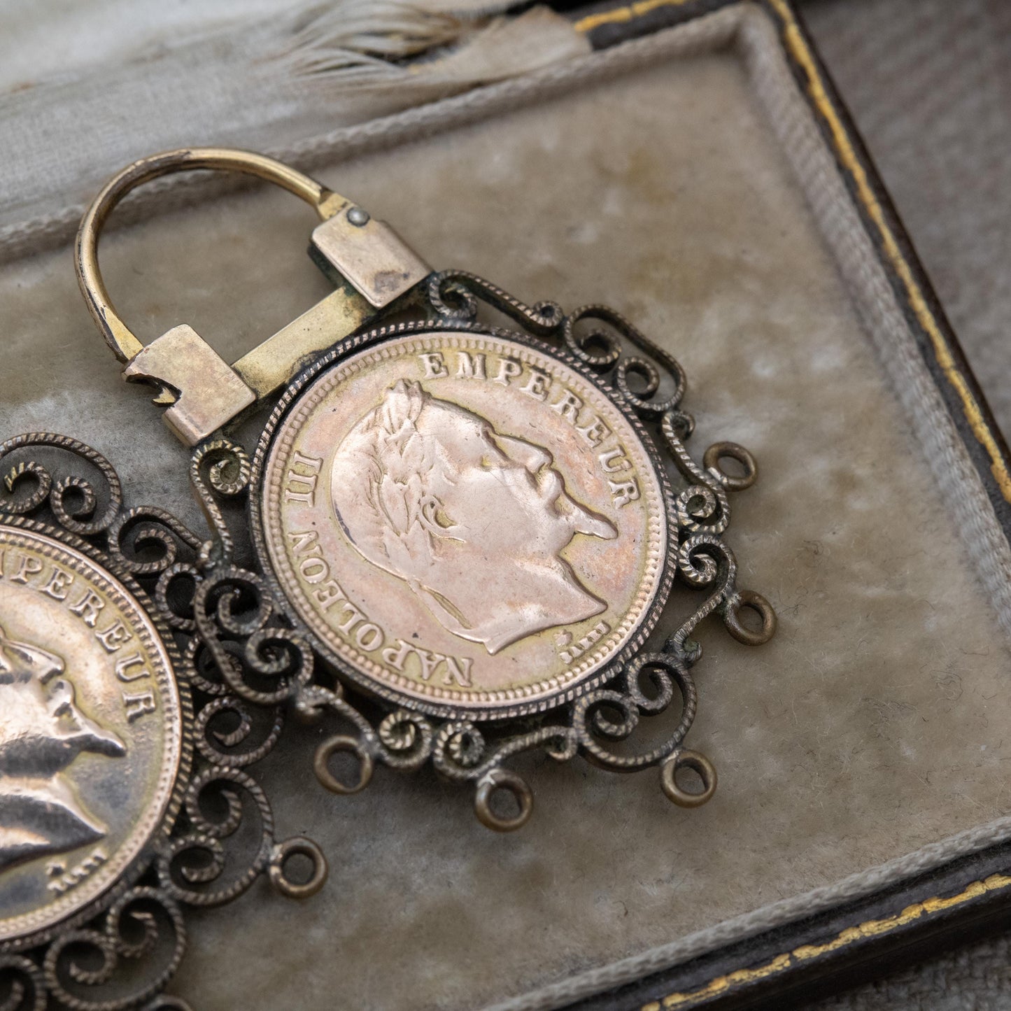 Vintage Napoleon III Coin Theme Earrings with Ornate Surround - Signed French Jewellery | Plaque Or Lamine