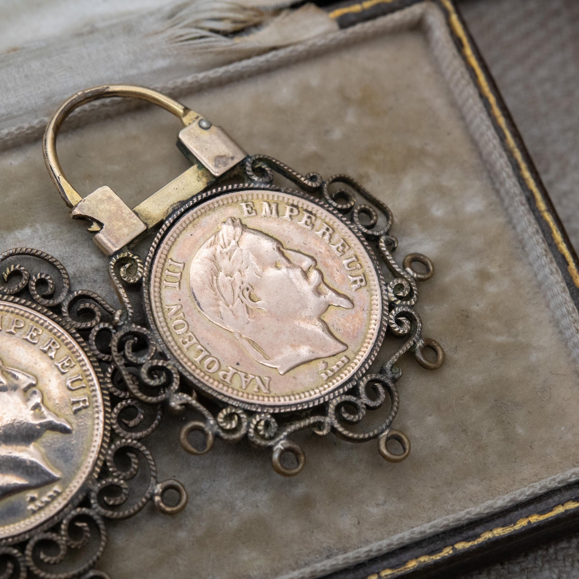 Vintage Napoleon III Coin Theme Earrings with Ornate Surround - Signed French Jewellery | Plaque Or Lamine