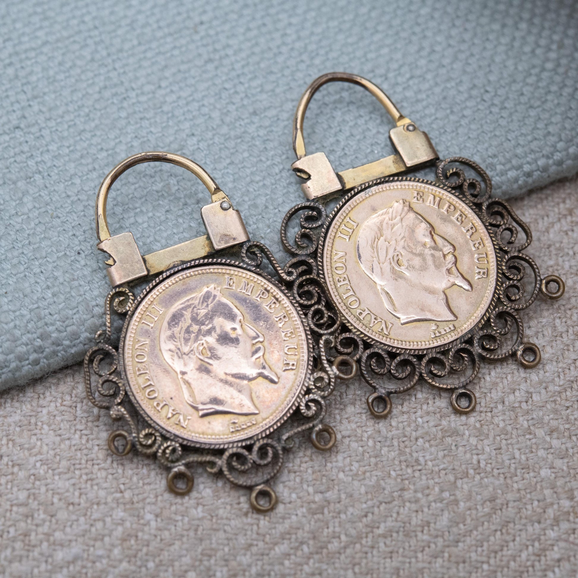 Vintage Napoleon III Coin Theme Earrings with Ornate Surround - Signed French Jewellery | Plaque Or Lamine