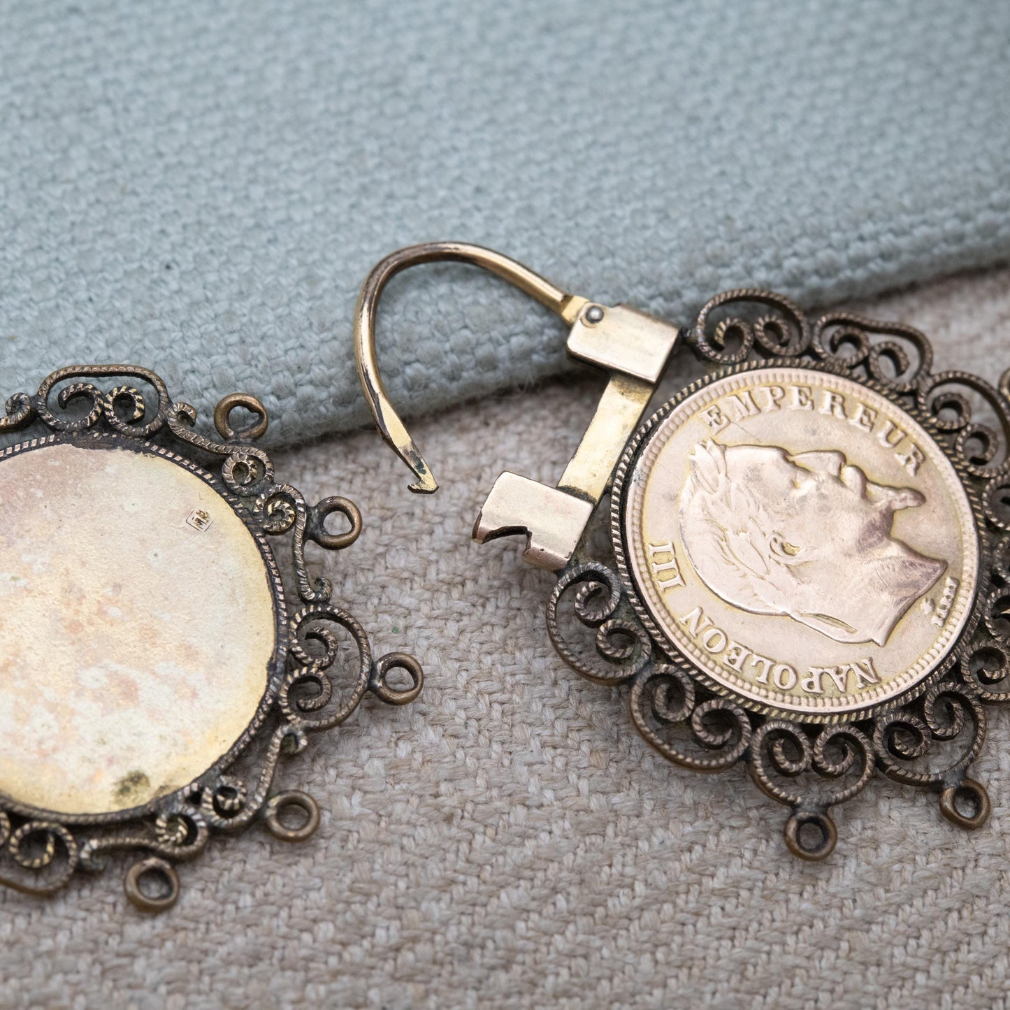 Vintage Napoleon III Coin Theme Earrings with Ornate Surround - Signed French Jewellery | Plaque Or Lamine