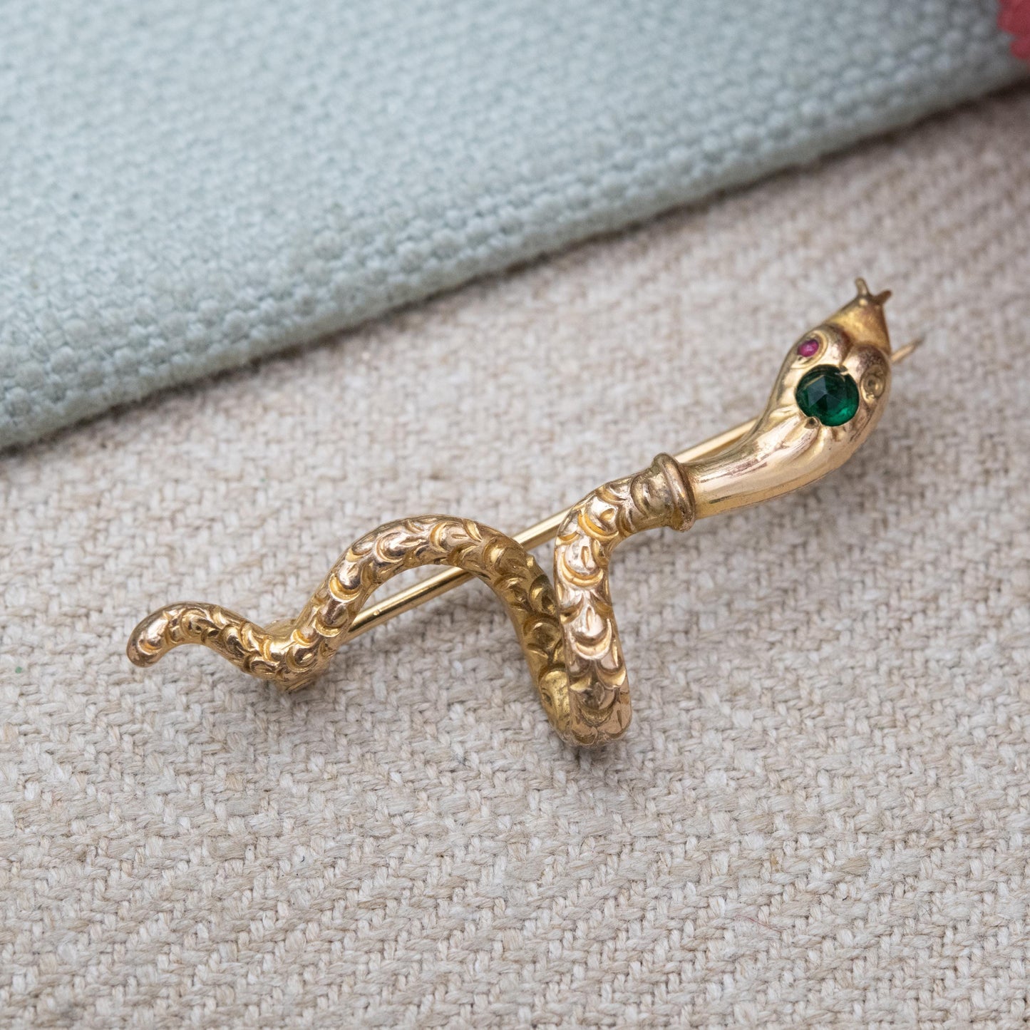 Antique Victorian Gold Filled Snake Brooch with Emerald Paste c. 1900