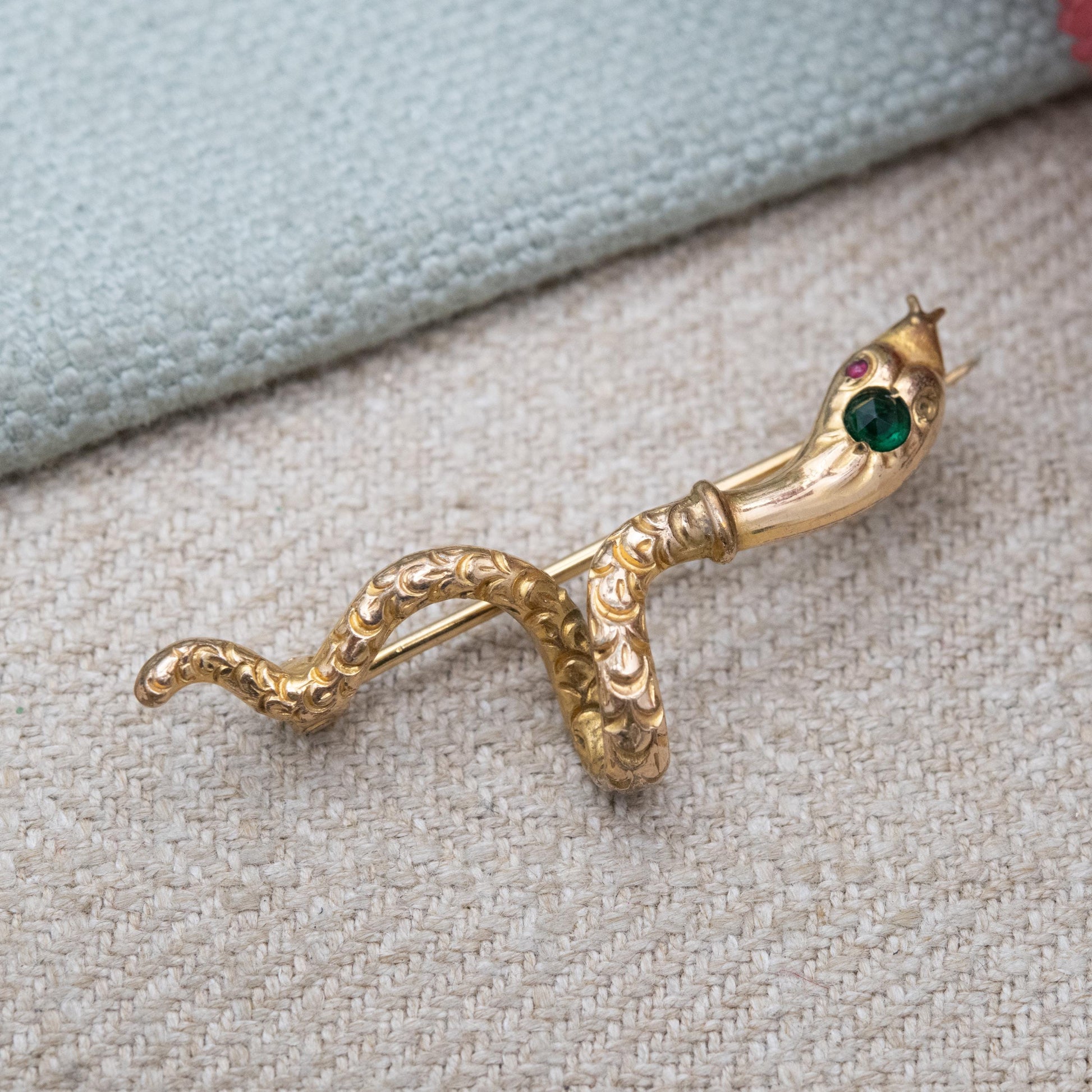 Antique Victorian Gold Filled Snake Brooch with Emerald Paste c. 1900