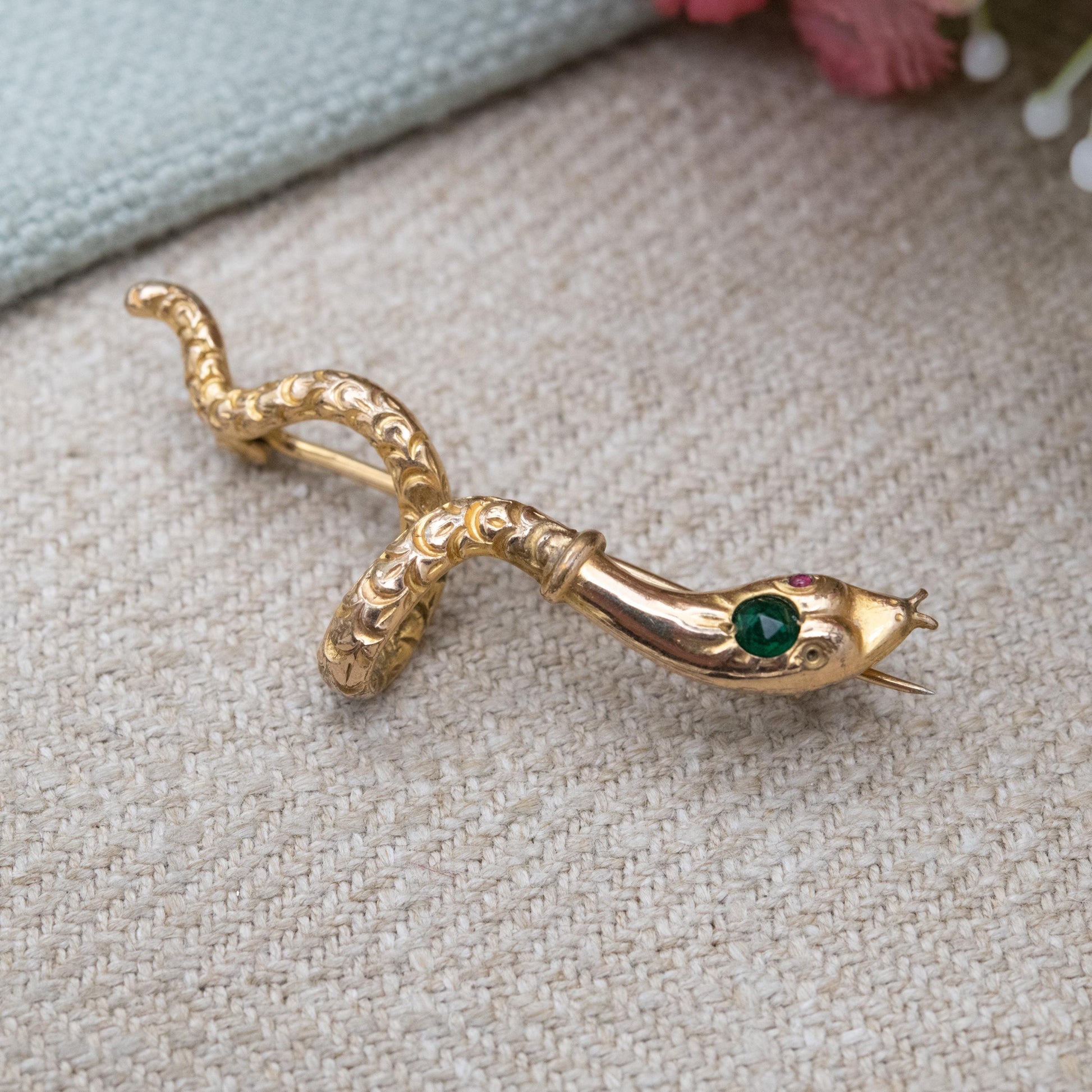 Antique Victorian Gold Filled Snake Brooch with Emerald Paste c. 1900