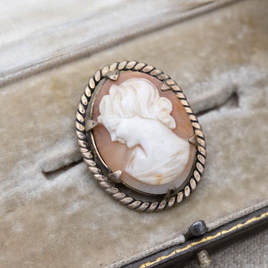 Vintage Rolled Gold Shell Cameo Brooch - Hand Carved Portrait Woman's Face Bust | Rope Twist Border