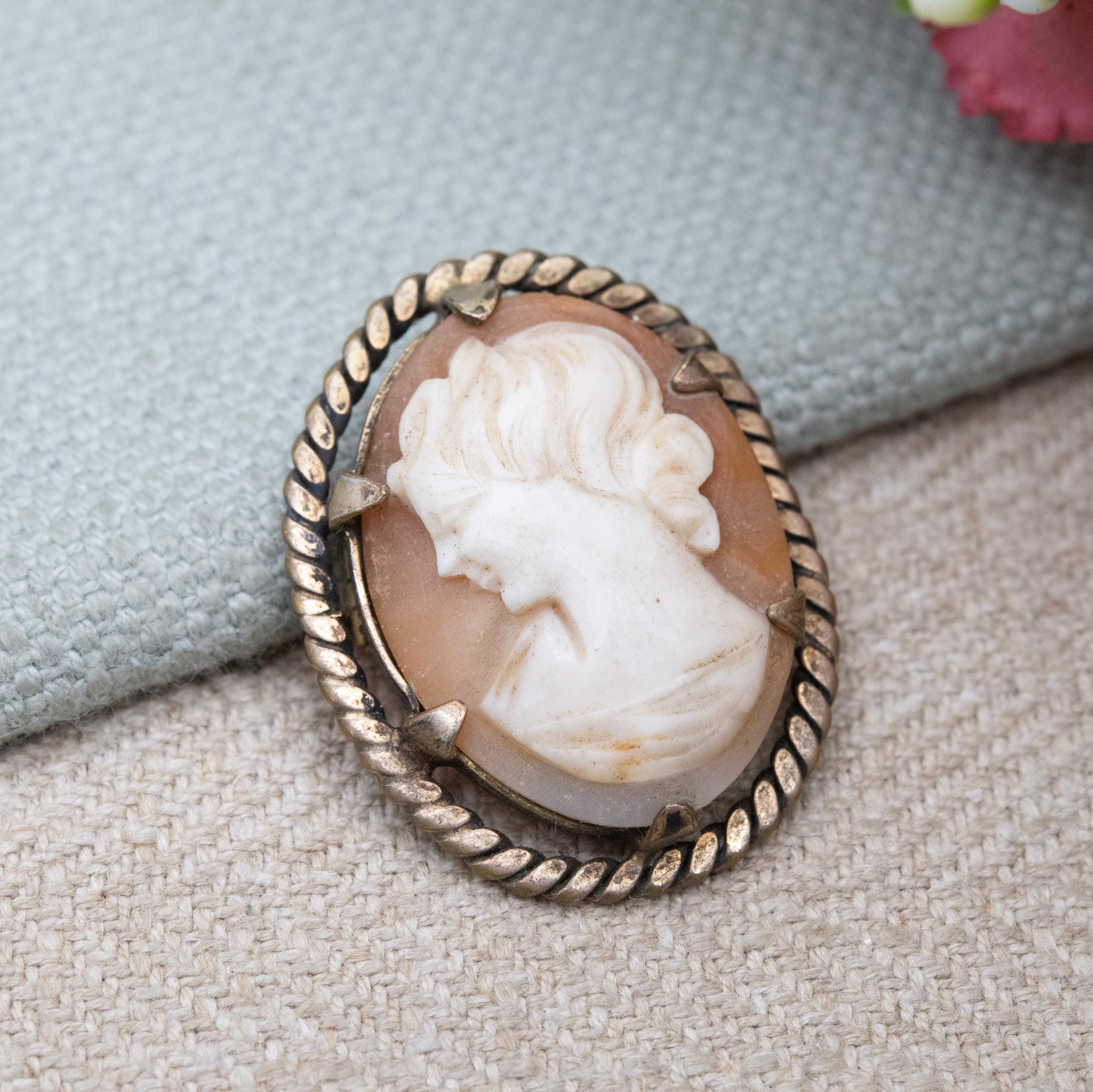 Vintage Rolled Gold Shell Cameo Brooch - Hand Carved Portrait Woman's Face Bust | Rope Twist Border