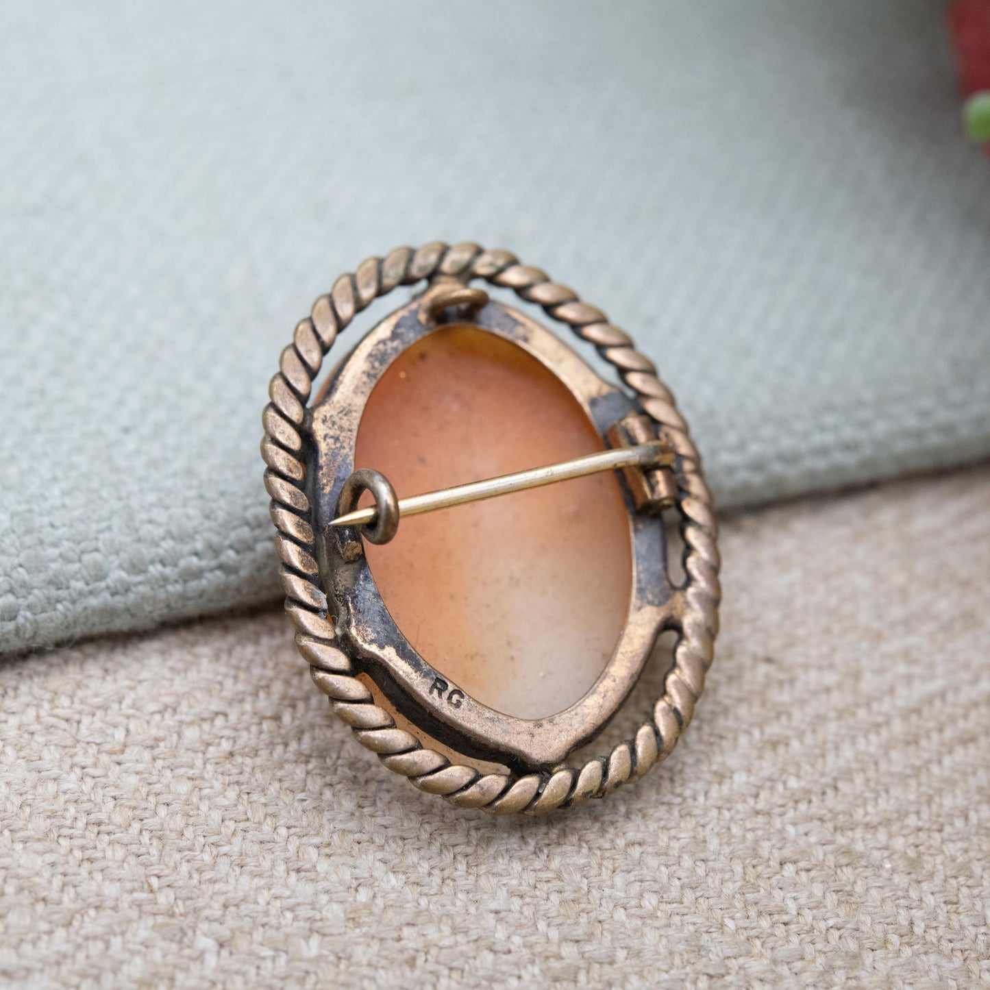 Vintage Rolled Gold Shell Cameo Brooch - Hand Carved Portrait Woman's Face Bust | Rope Twist Border