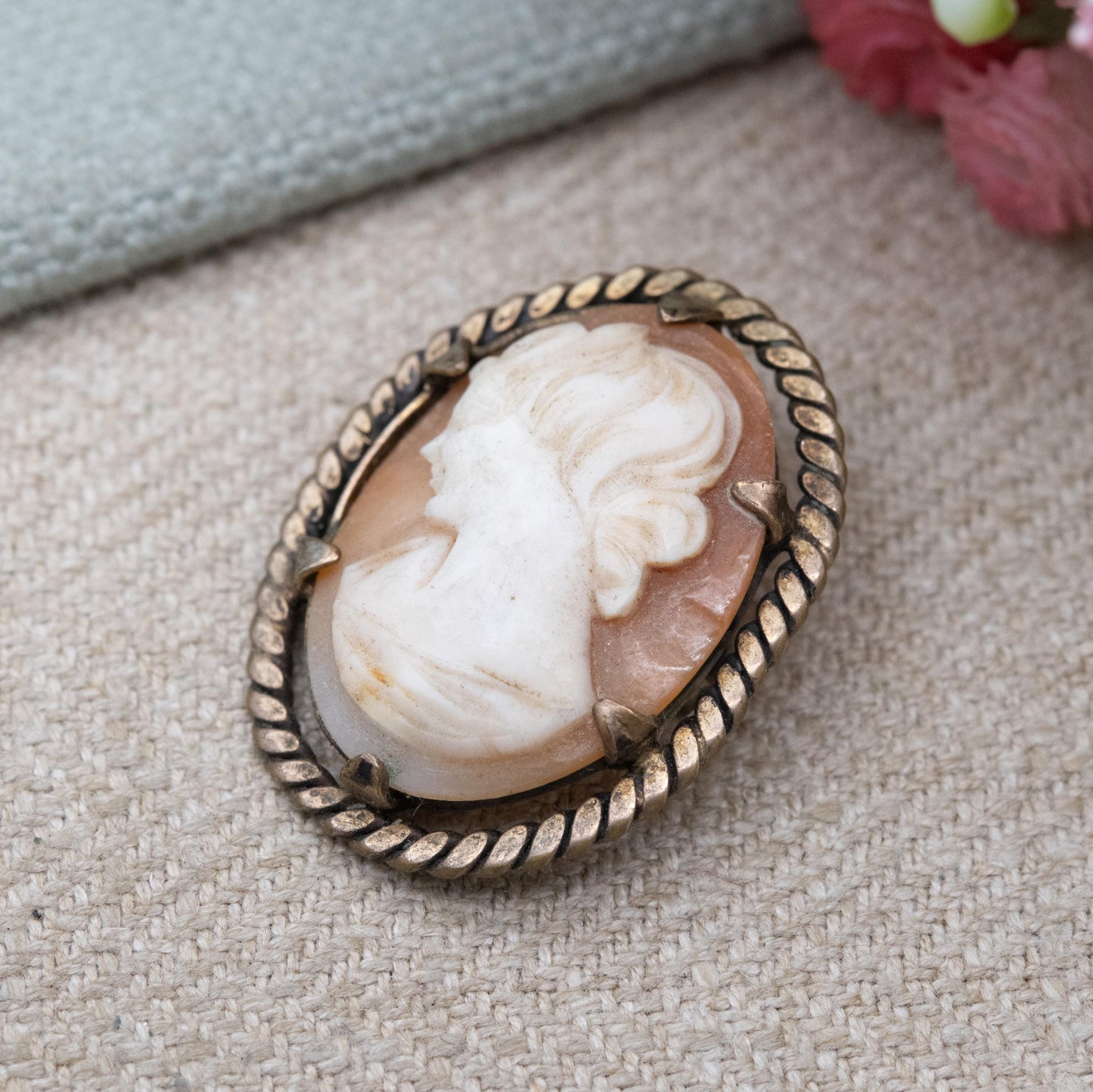 Vintage Rolled Gold Shell Cameo Brooch - Hand Carved Portrait Woman's Face Bust | Rope Twist Border