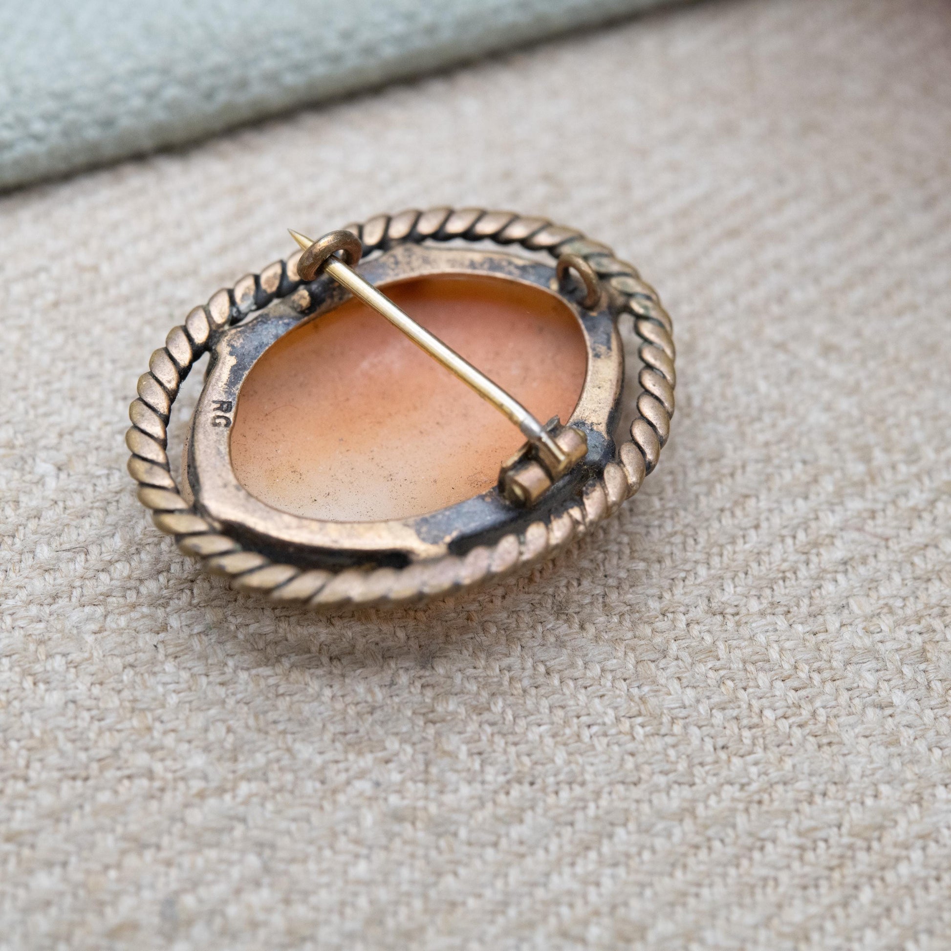 Vintage Rolled Gold Shell Cameo Brooch - Hand Carved Portrait Woman's Face Bust | Rope Twist Border