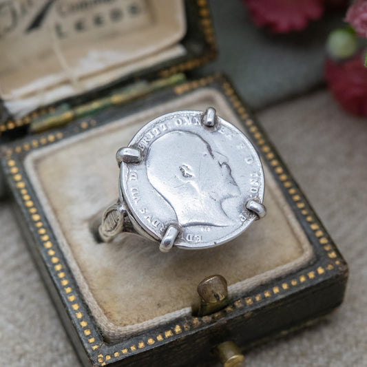 Antique Sterling Silver Edward Vll Threepence Coin Signet Ring 1907 - Mid-Century Mounted Coin Jewellery | UK Size - K | US Size - 5 1/4