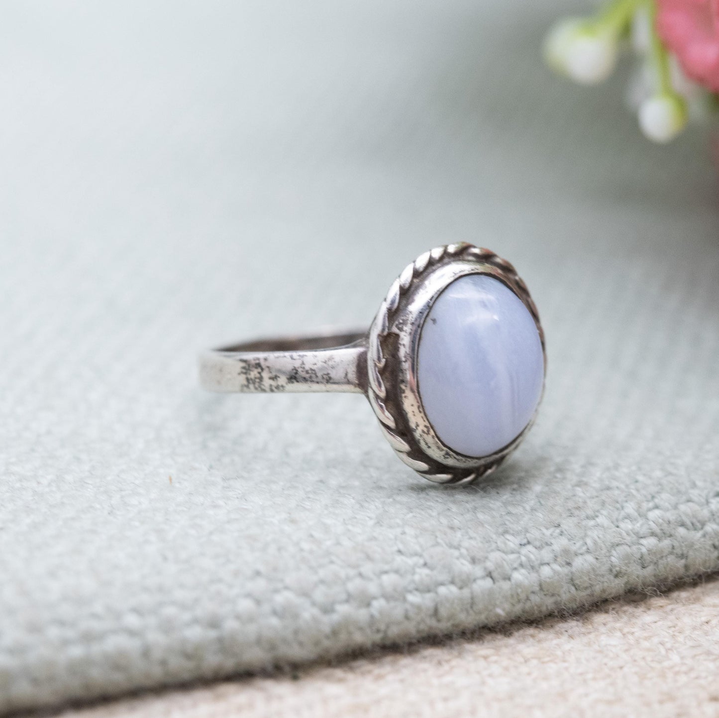 Vintage Silver Blue Lace Agate Ring Mid-Century - Statement Ring | Pale Blue Cabochon Stone | UK Size - L US Size - 5 3/4