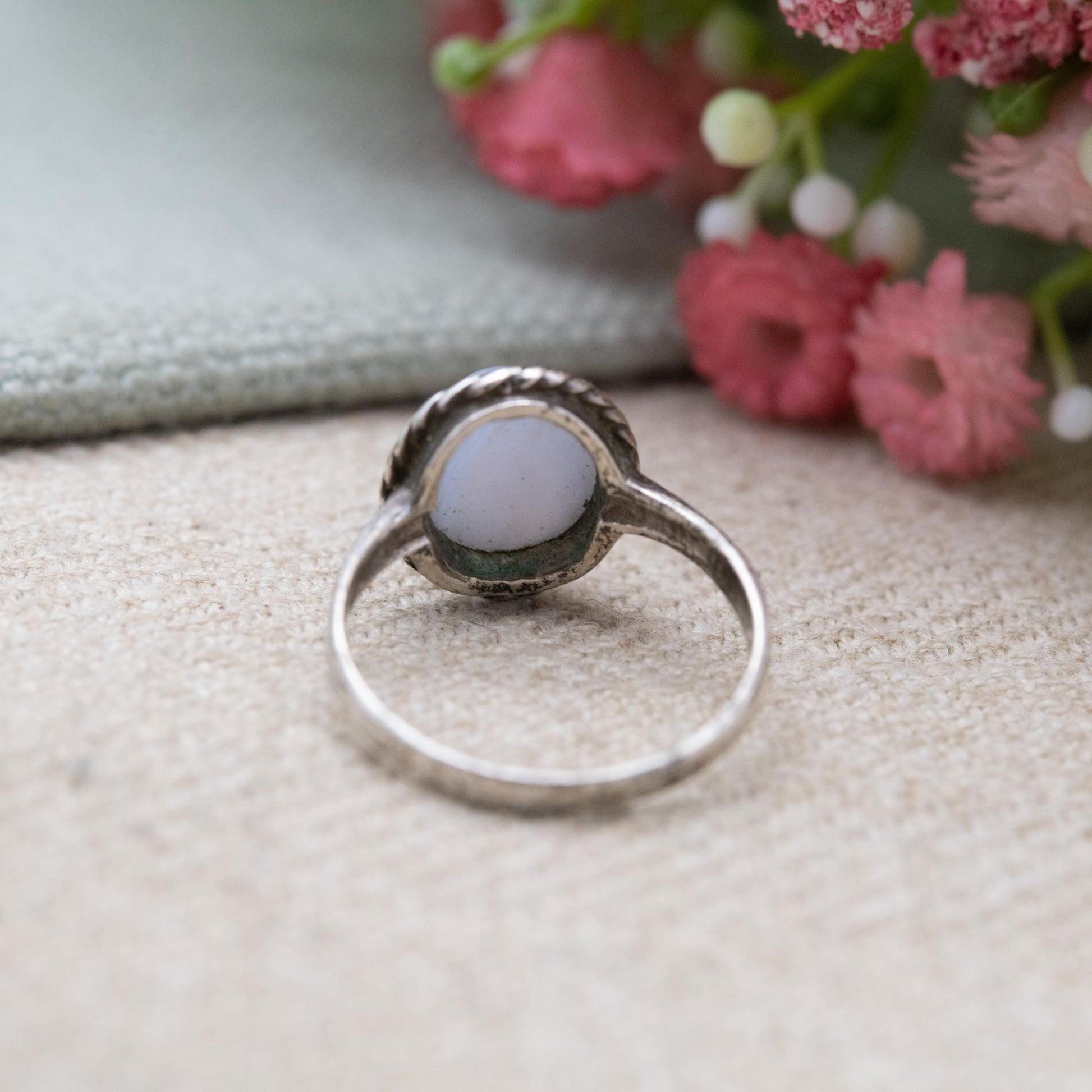 Vintage Silver Blue Lace Agate Ring Mid-Century - Statement Ring | Pale Blue Cabochon Stone | UK Size - L US Size - 5 3/4