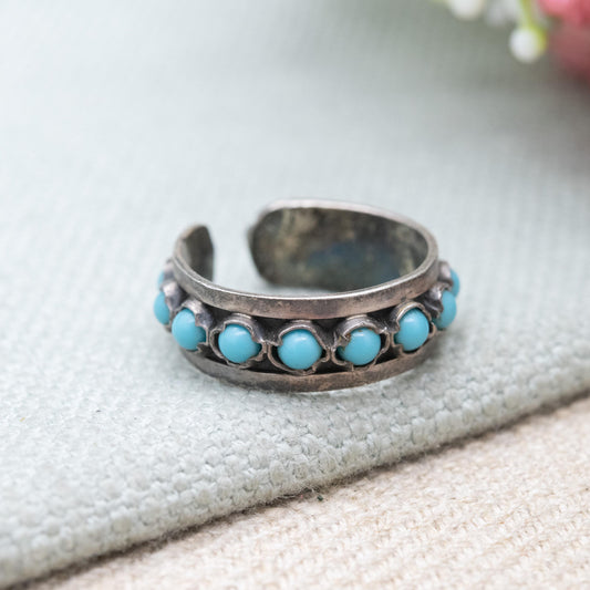 Vintage Southwestern Style Silver Eternity Band with Blue Stones - Open Back Adjustable Band | UK Size - M 1/2 | US Size - 6 1/2