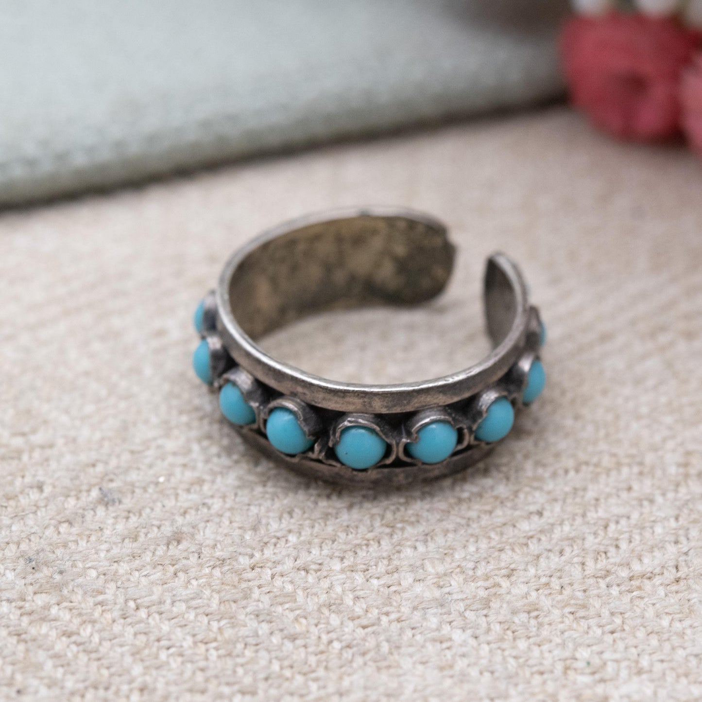 Vintage Southwestern Style Silver Eternity Band with Blue Stones - Open Back Adjustable Band | UK Size - M 1/2 | US Size - 6 1/2