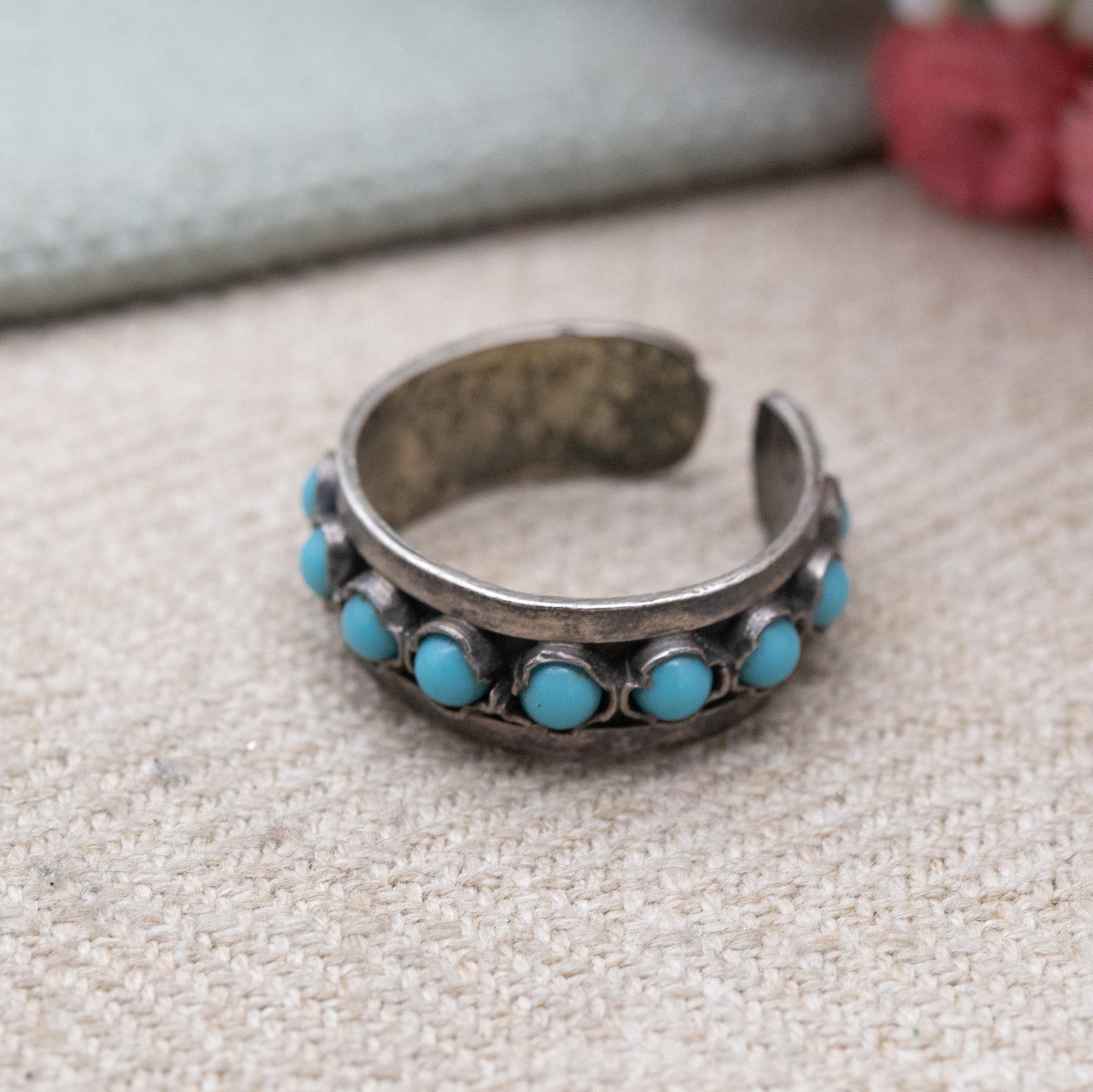 Vintage Southwestern Style Silver Eternity Band with Blue Stones - Open Back Adjustable Band | UK Size - M 1/2 | US Size - 6 1/2