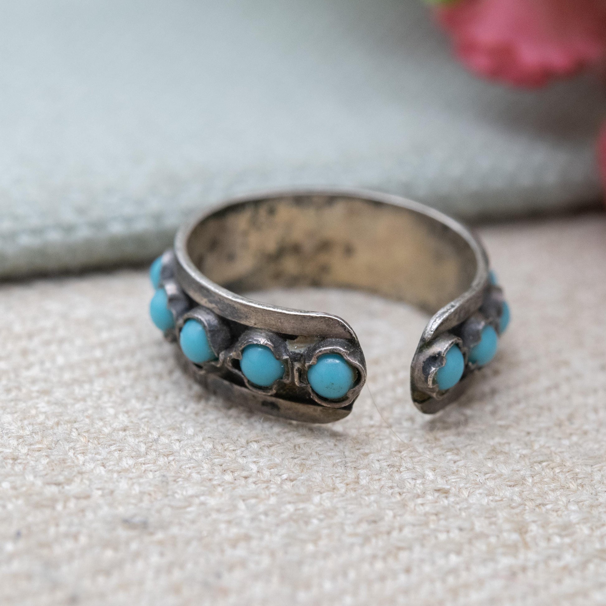 Vintage Southwestern Style Silver Eternity Band with Blue Stones - Open Back Adjustable Band | UK Size - M 1/2 | US Size - 6 1/2