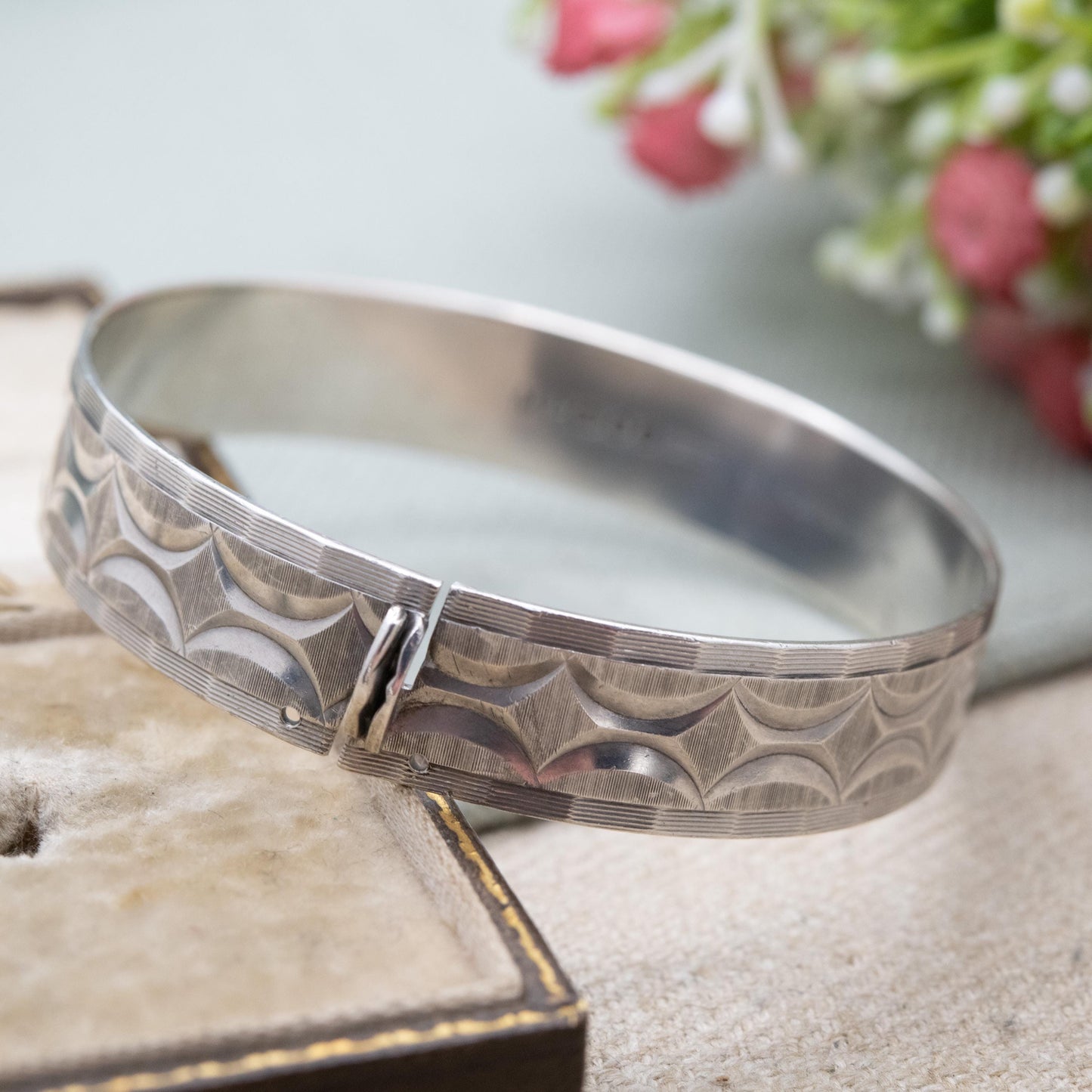 Vintage Sterling Silver Geometric Engraved and Textured Bangle Bracelet 1978 - Chunky Unisex Gift