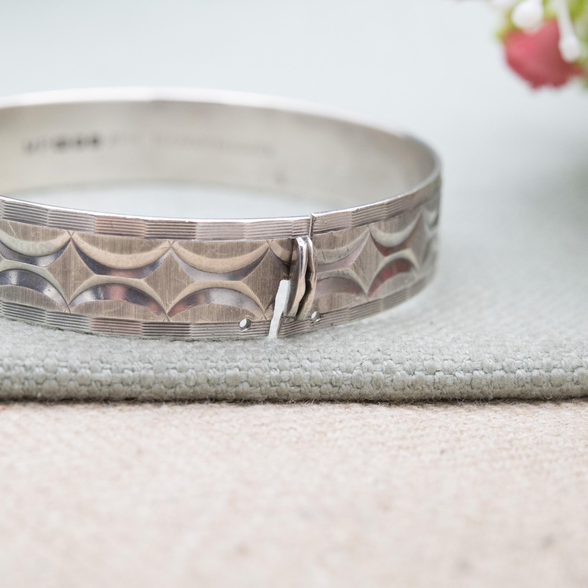 Vintage Sterling Silver Geometric Engraved and Textured Bangle Bracelet 1978 - Chunky Unisex Gift