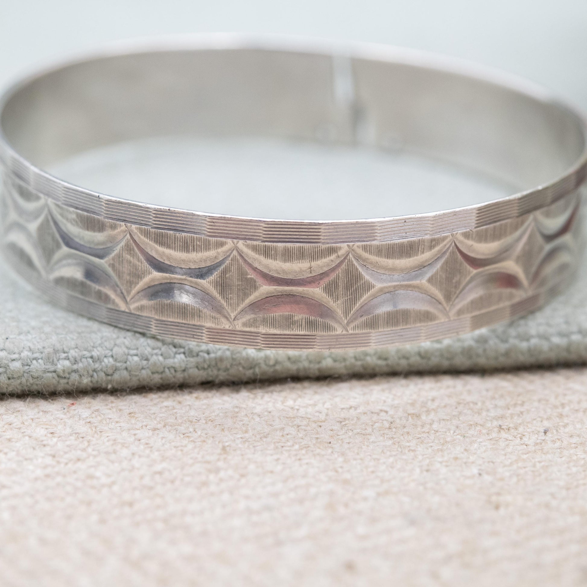 Vintage Sterling Silver Geometric Engraved and Textured Bangle Bracelet 1978 - Chunky Unisex Gift