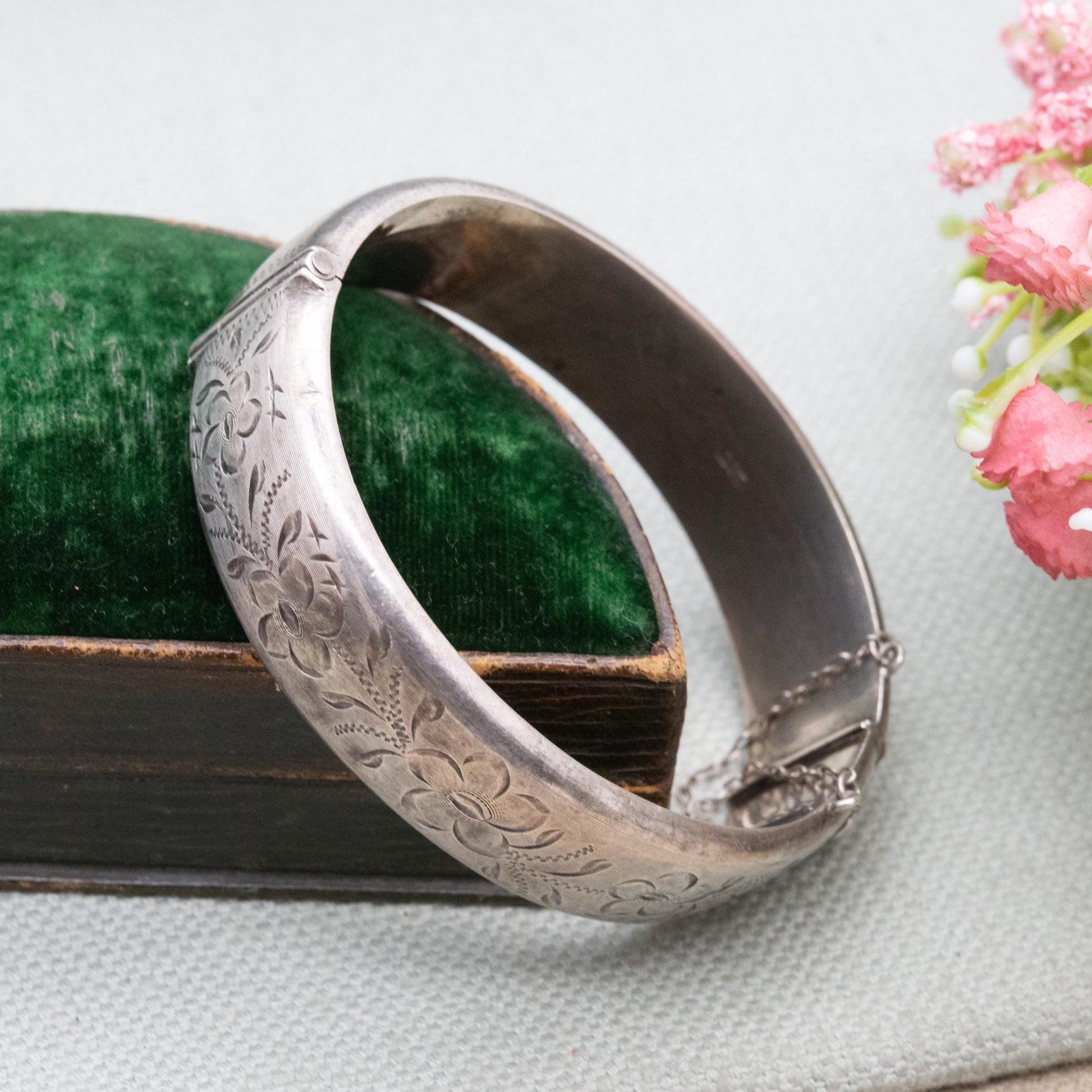 Vintage Sterling Silver Engraved Bangle Bracelet 1969 - Chunky Victorian Aesthetic Scrolling Style with Safety Chain