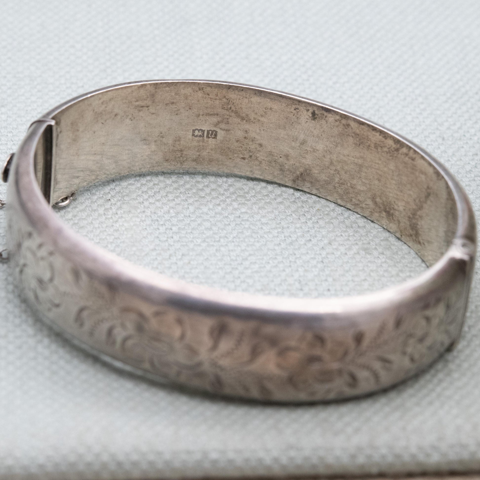 Vintage Sterling Silver Engraved Bangle Bracelet 1969 - Chunky Victorian Aesthetic Scrolling Style with Safety Chain