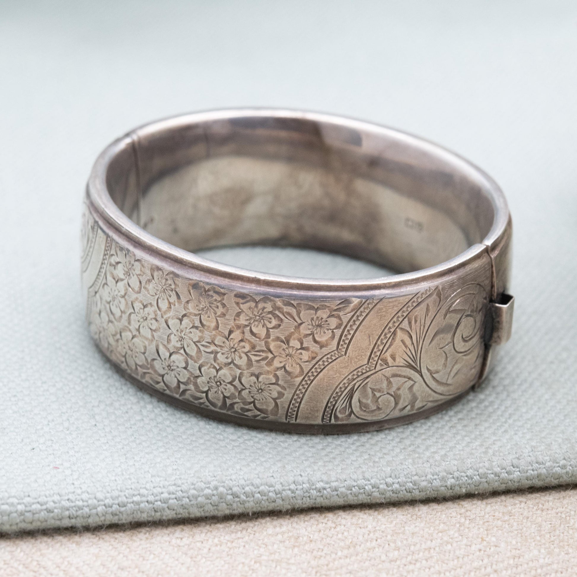 Vintage Sterling Silver Engraved Bangle Bracelet 1960 - Chunky Victorian Aesthetic Scrolling Style with Safety Chain