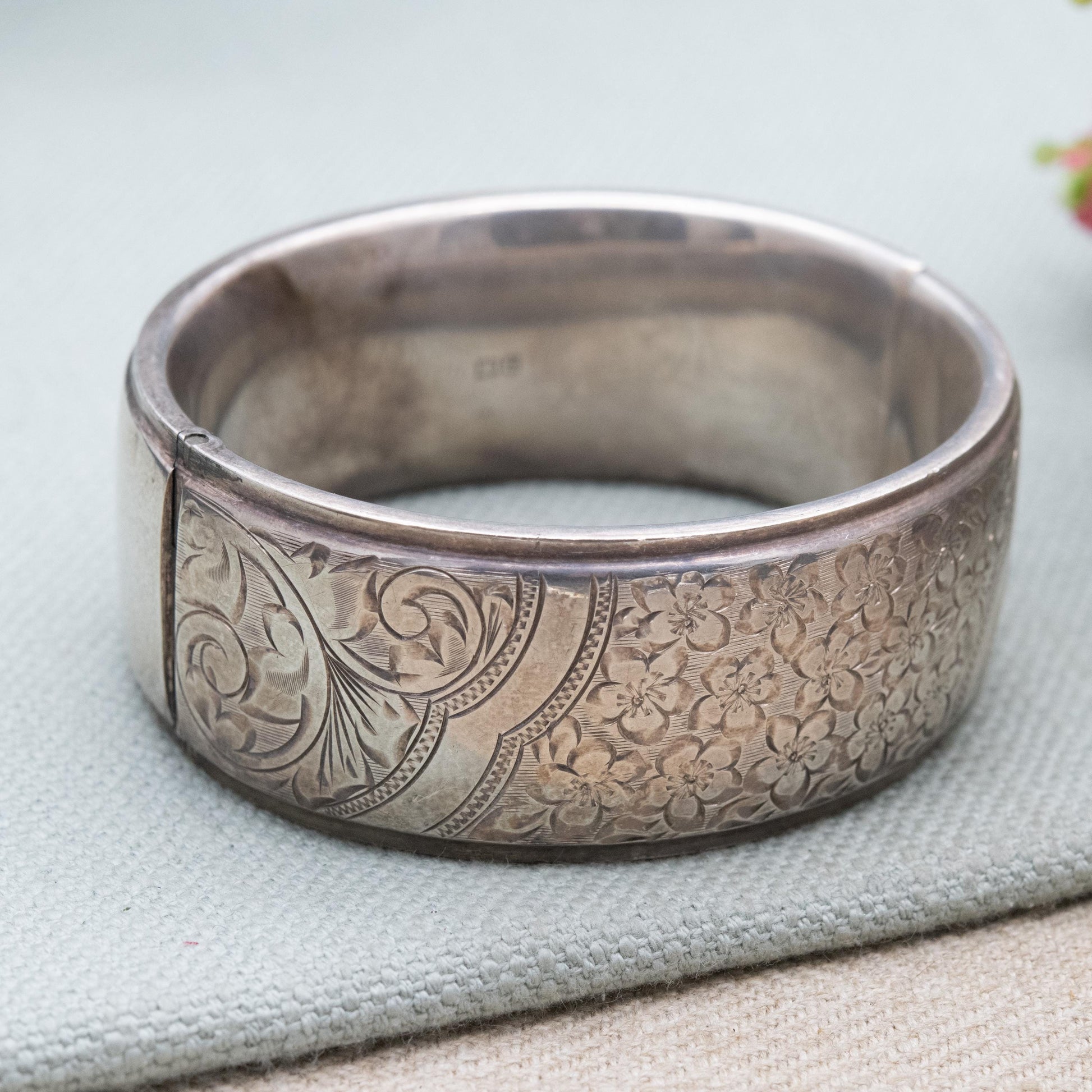 Vintage Sterling Silver Engraved Bangle Bracelet 1960 - Chunky Victorian Aesthetic Scrolling Style with Safety Chain