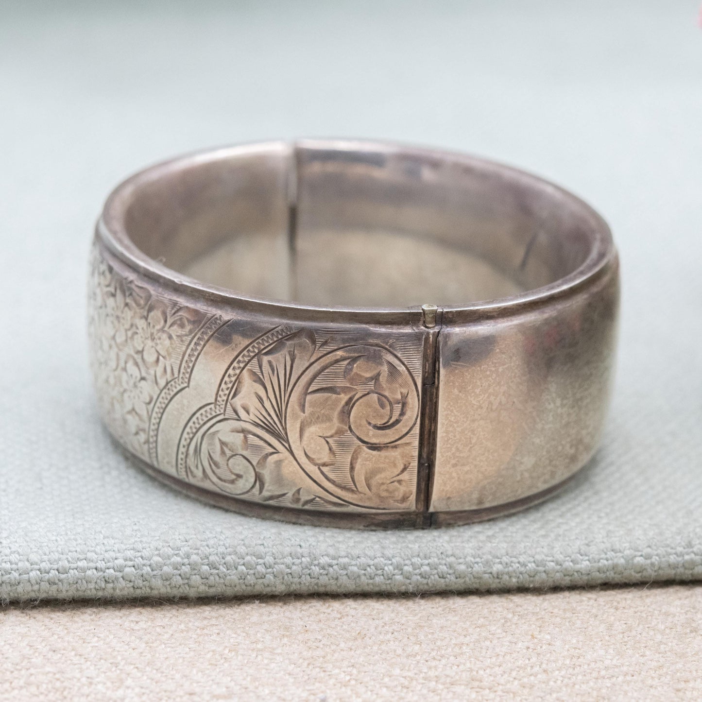 Vintage Sterling Silver Engraved Bangle Bracelet 1960 - Chunky Victorian Aesthetic Scrolling Style with Safety Chain