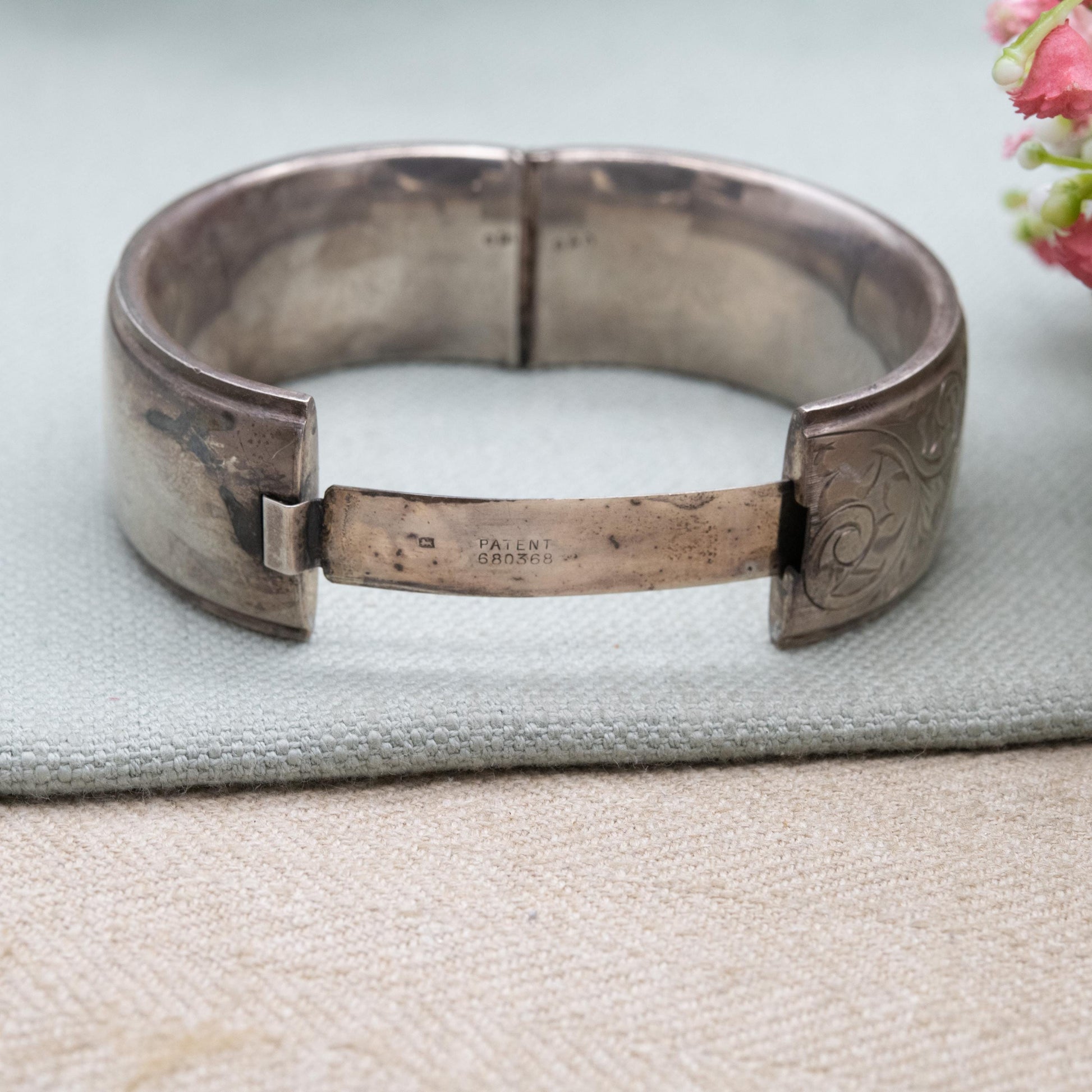 Vintage Sterling Silver Engraved Bangle Bracelet 1960 - Chunky Victorian Aesthetic Scrolling Style with Safety Chain