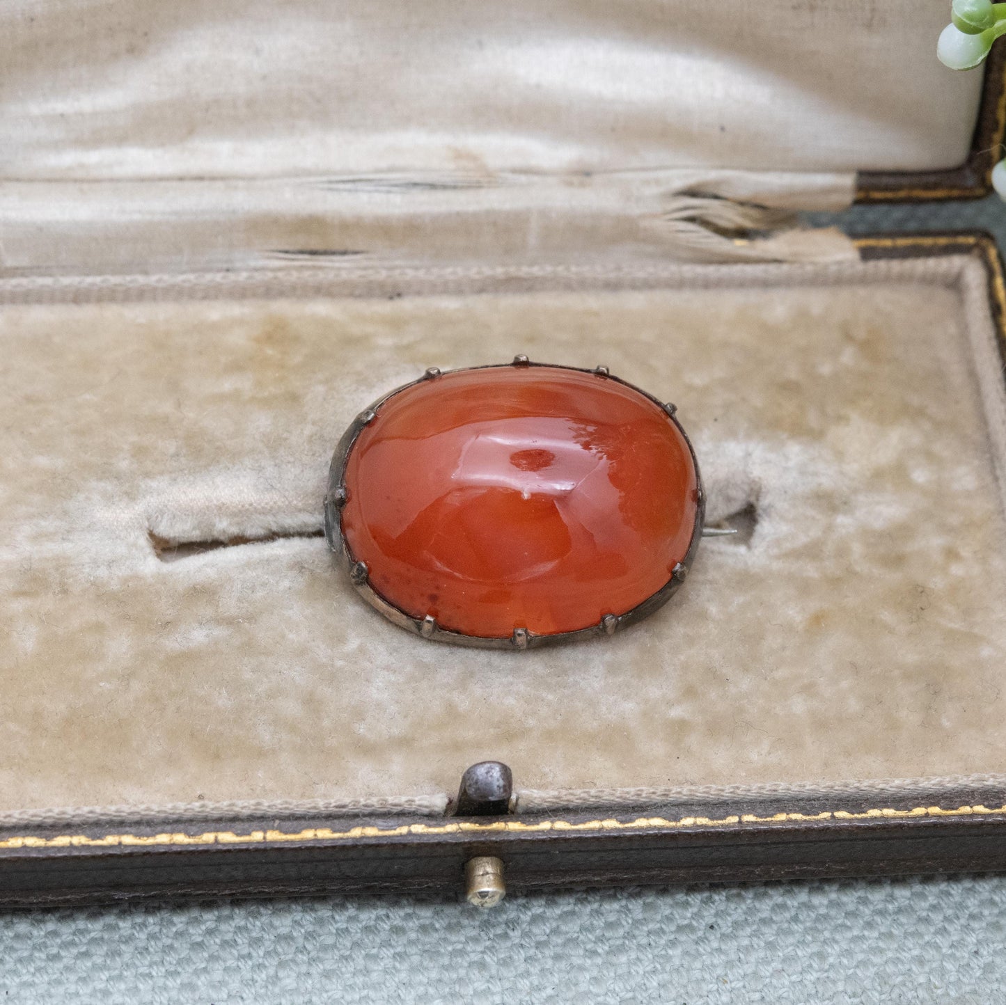 Antique Silver Carnelian Cabochon Brooch c. 1800s - Minimal Design | Banded Red Orange Gemstone Jewellery Gift