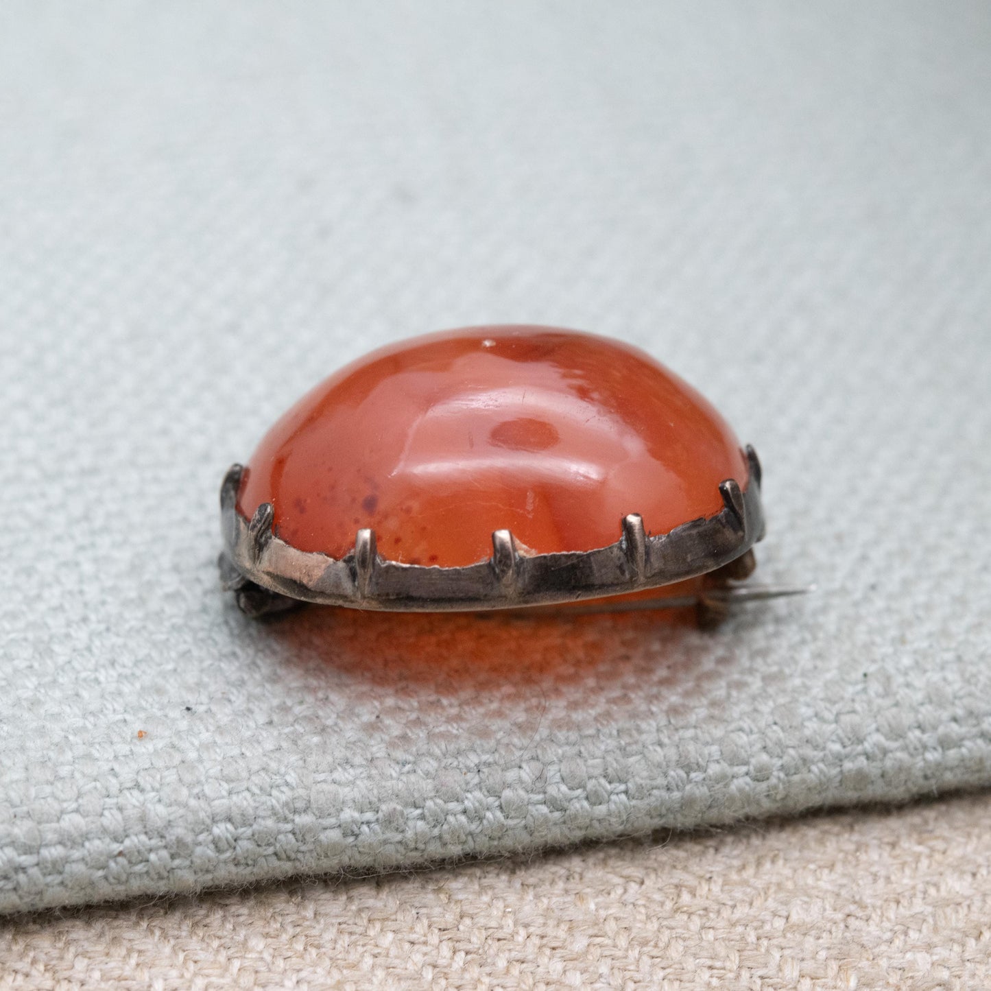 Antique Silver Carnelian Cabochon Brooch c. 1800s - Minimal Design | Banded Red Orange Gemstone Jewellery Gift
