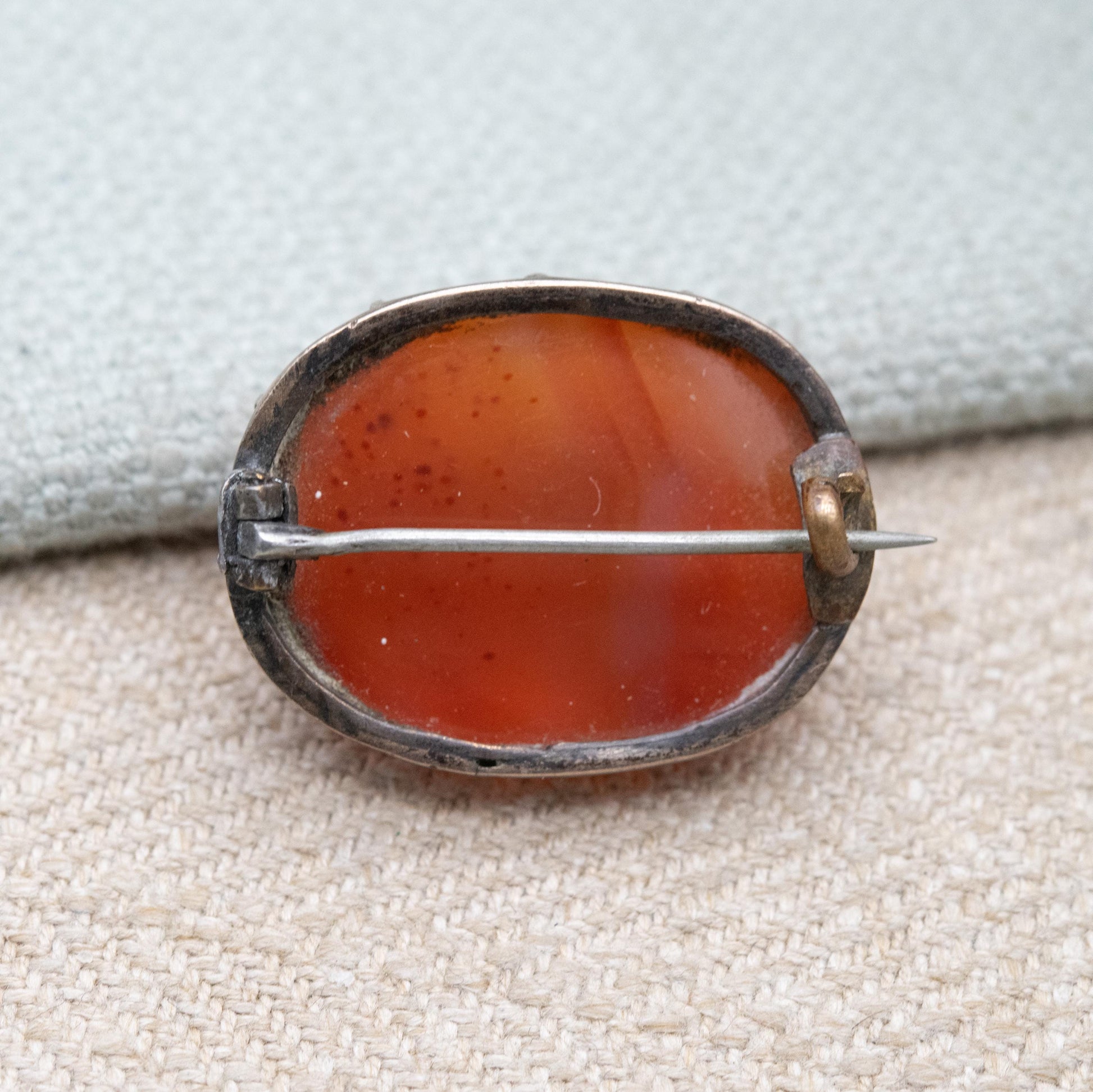 Antique Silver Carnelian Cabochon Brooch c. 1800s - Minimal Design | Banded Red Orange Gemstone Jewellery Gift