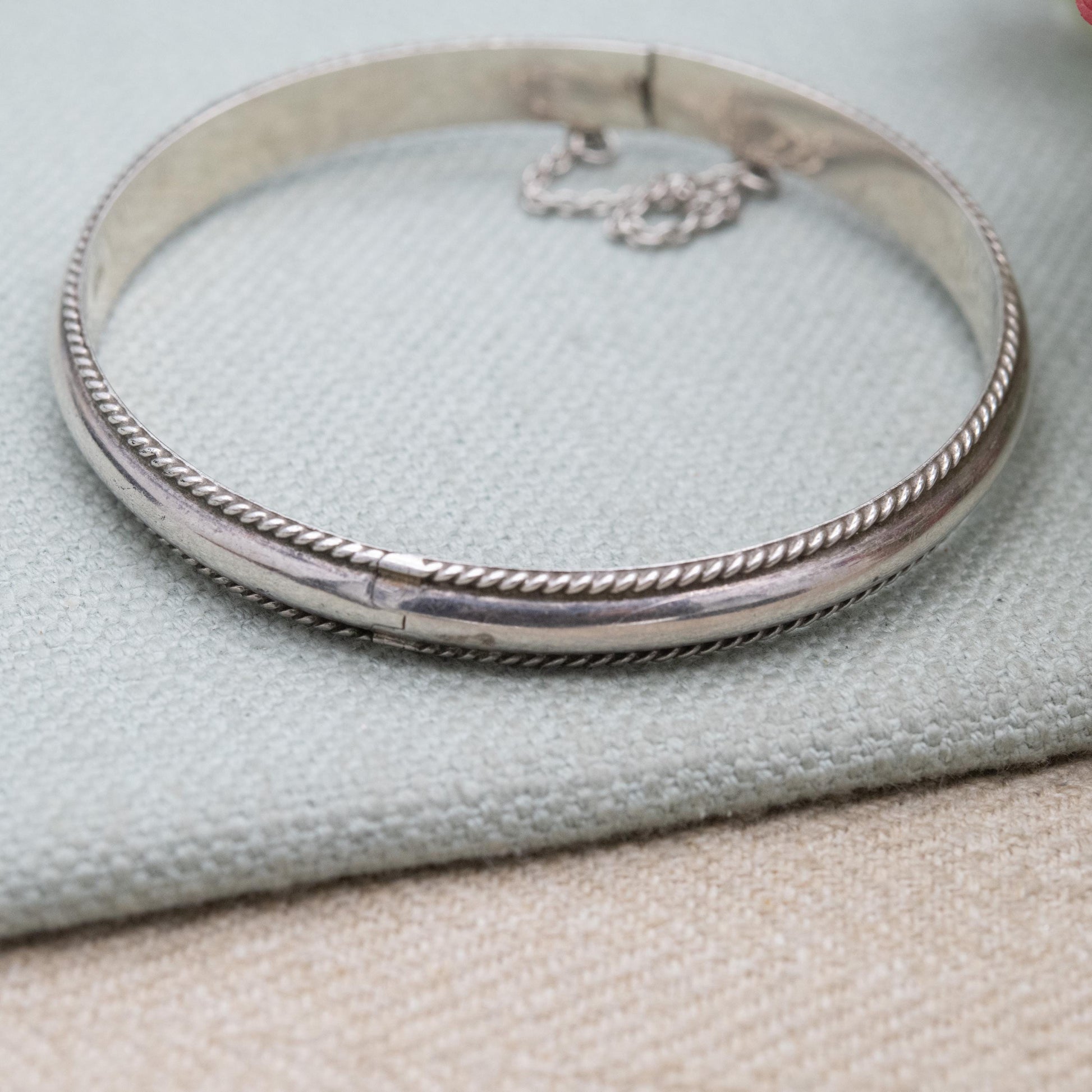 Vintage Sterling Silver Minimalist Bangle Bracelet - Rope Twist Border with Safety Chain