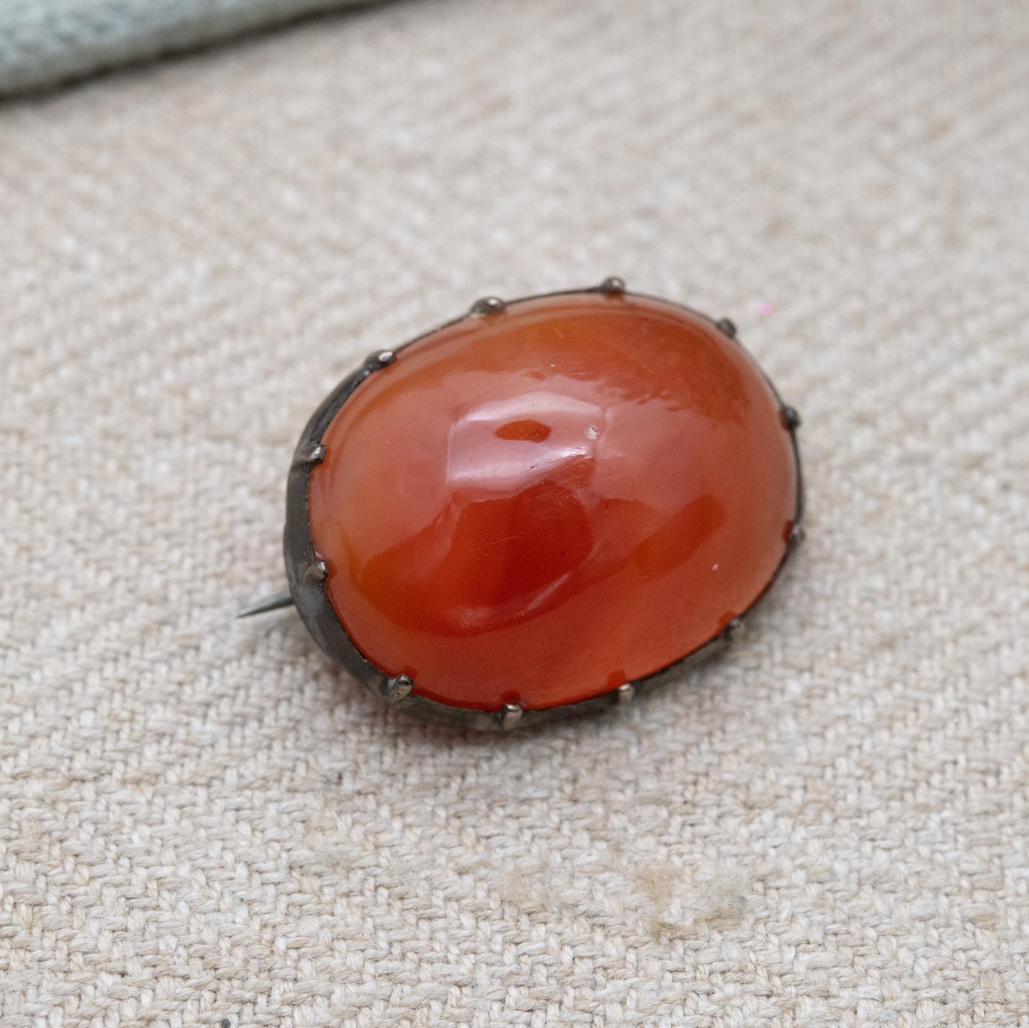 Antique Silver Carnelian Cabochon Brooch c. 1800s - Minimal Design | Banded Red Orange Gemstone Jewellery Gift