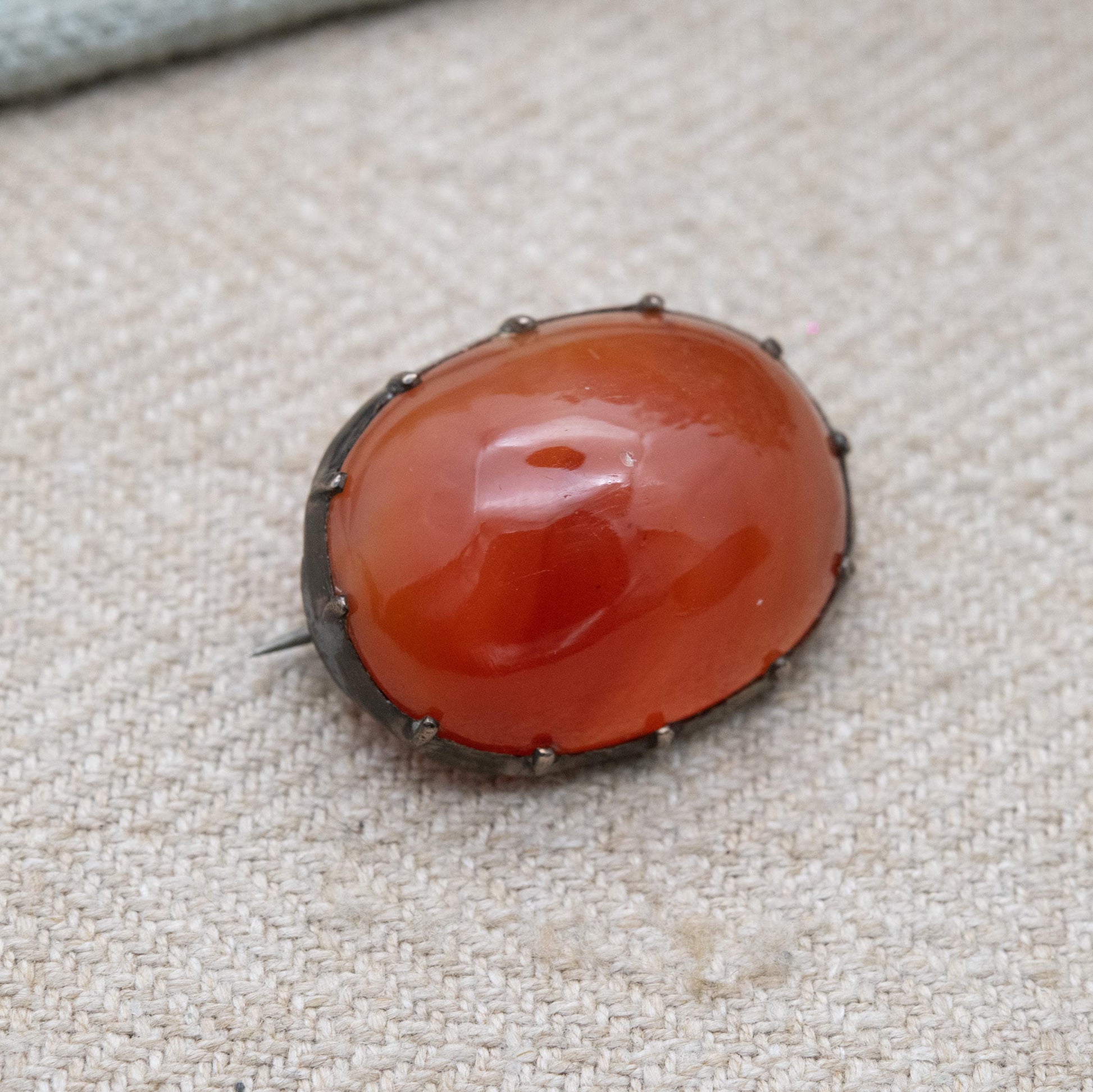 Antique Silver Carnelian Cabochon Brooch c. 1800s - Minimal Design | Banded Red Orange Gemstone Jewellery Gift