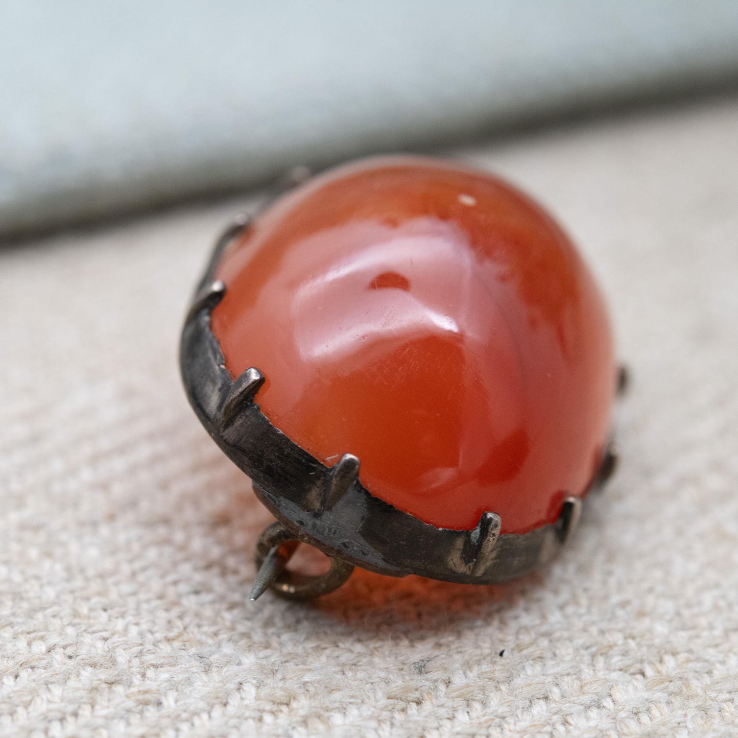 Antique Silver Carnelian Cabochon Brooch c. 1800s - Minimal Design | Banded Red Orange Gemstone Jewellery Gift